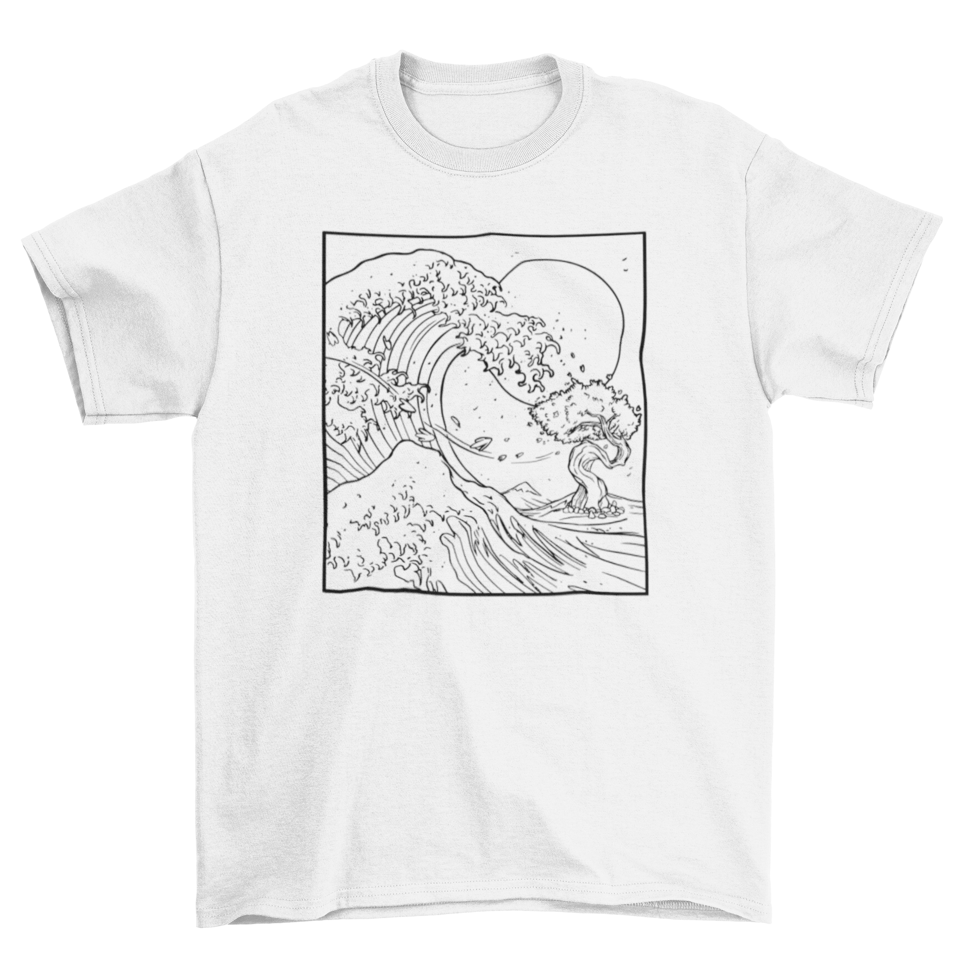 A stylish t-shirt featuring intricate Japanese wave line art and a tree design, perfect for casual wear.