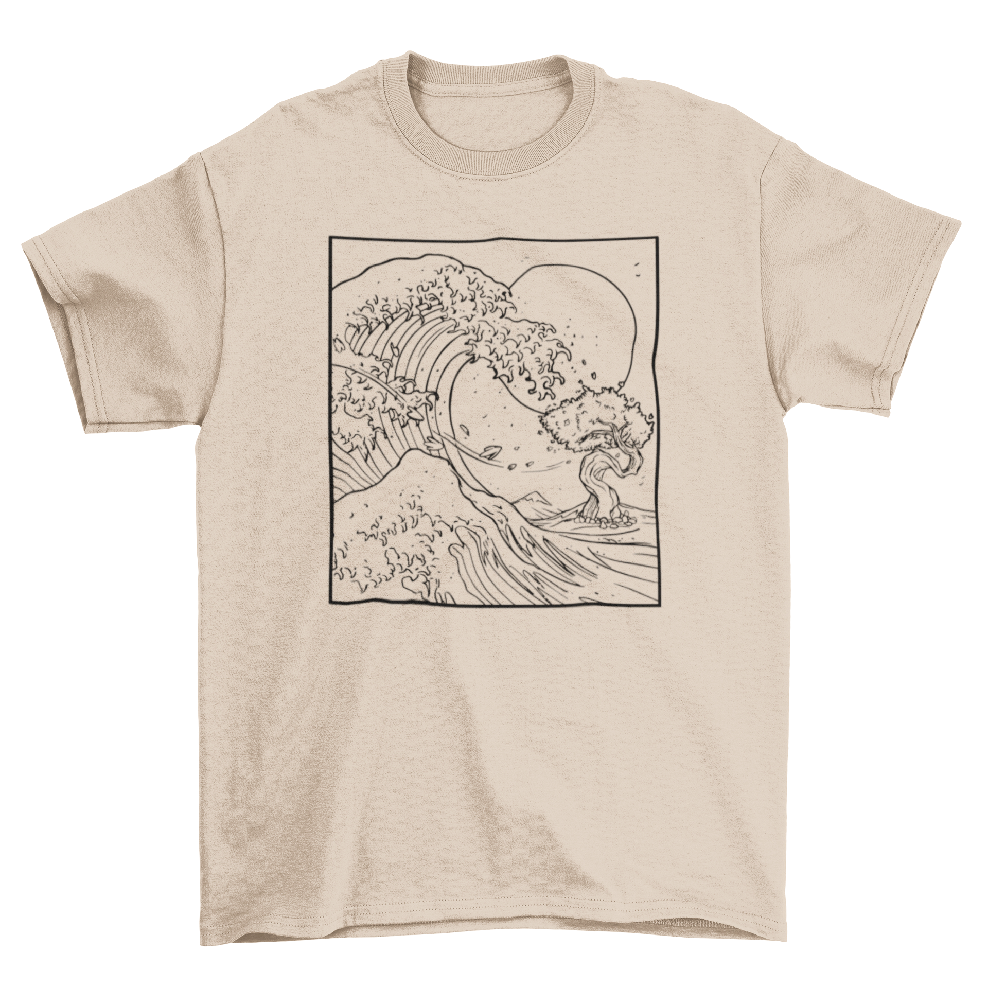 A stylish t-shirt featuring intricate Japanese wave line art and a tree design, perfect for casual wear.