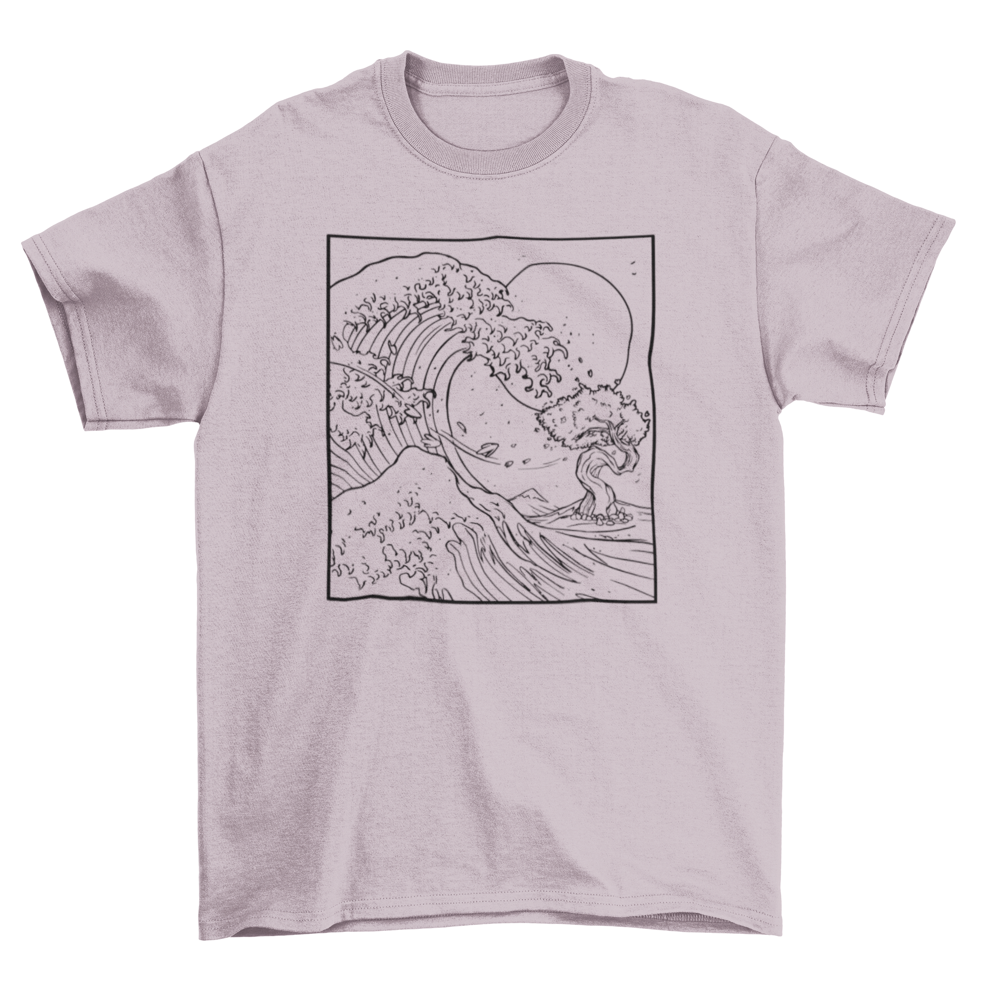 A stylish t-shirt featuring intricate Japanese wave line art and a tree design, perfect for casual wear.