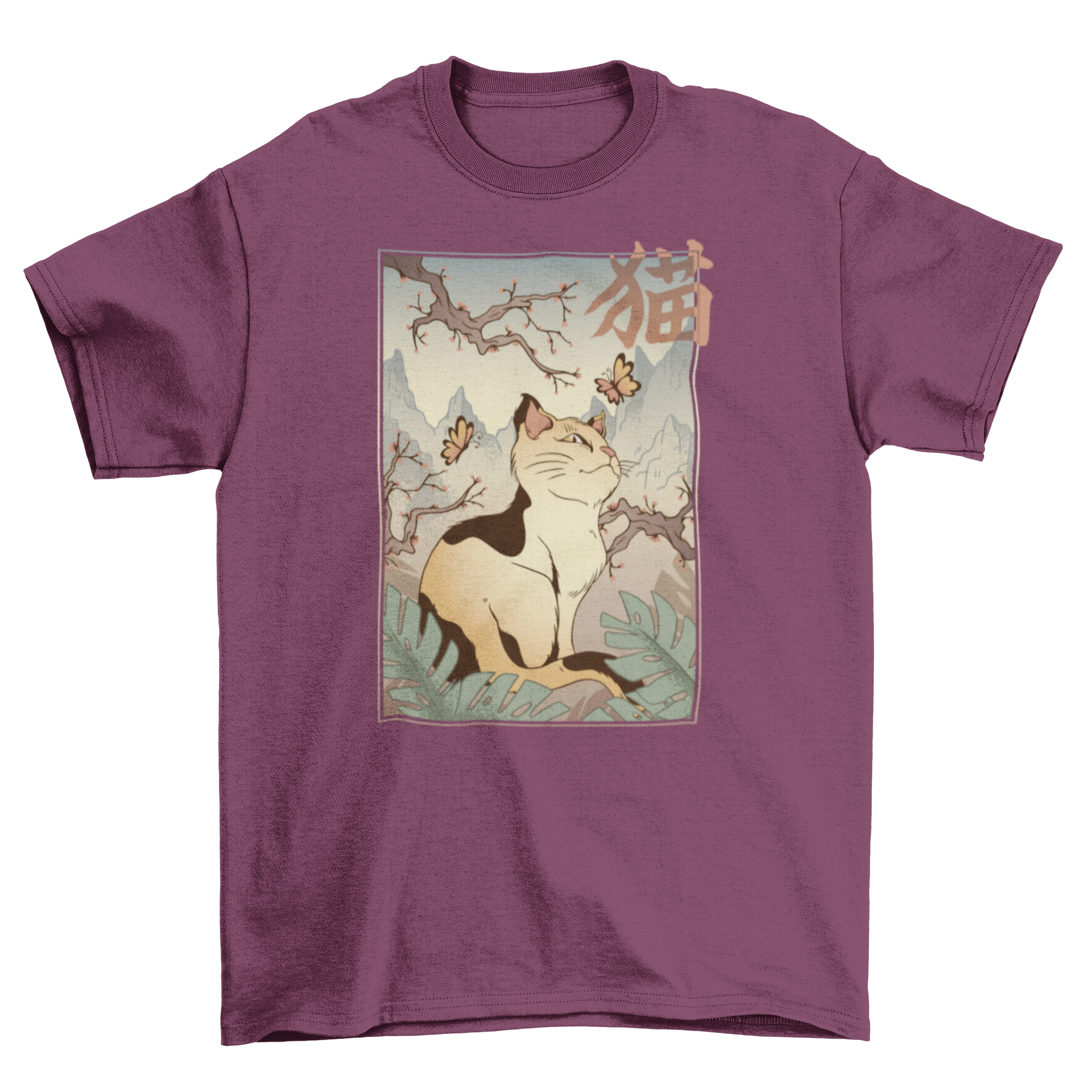 A stylish T-shirt featuring a beautiful cat illustration inspired by ancient Japanese art, showcasing intricate details and vibrant colors.