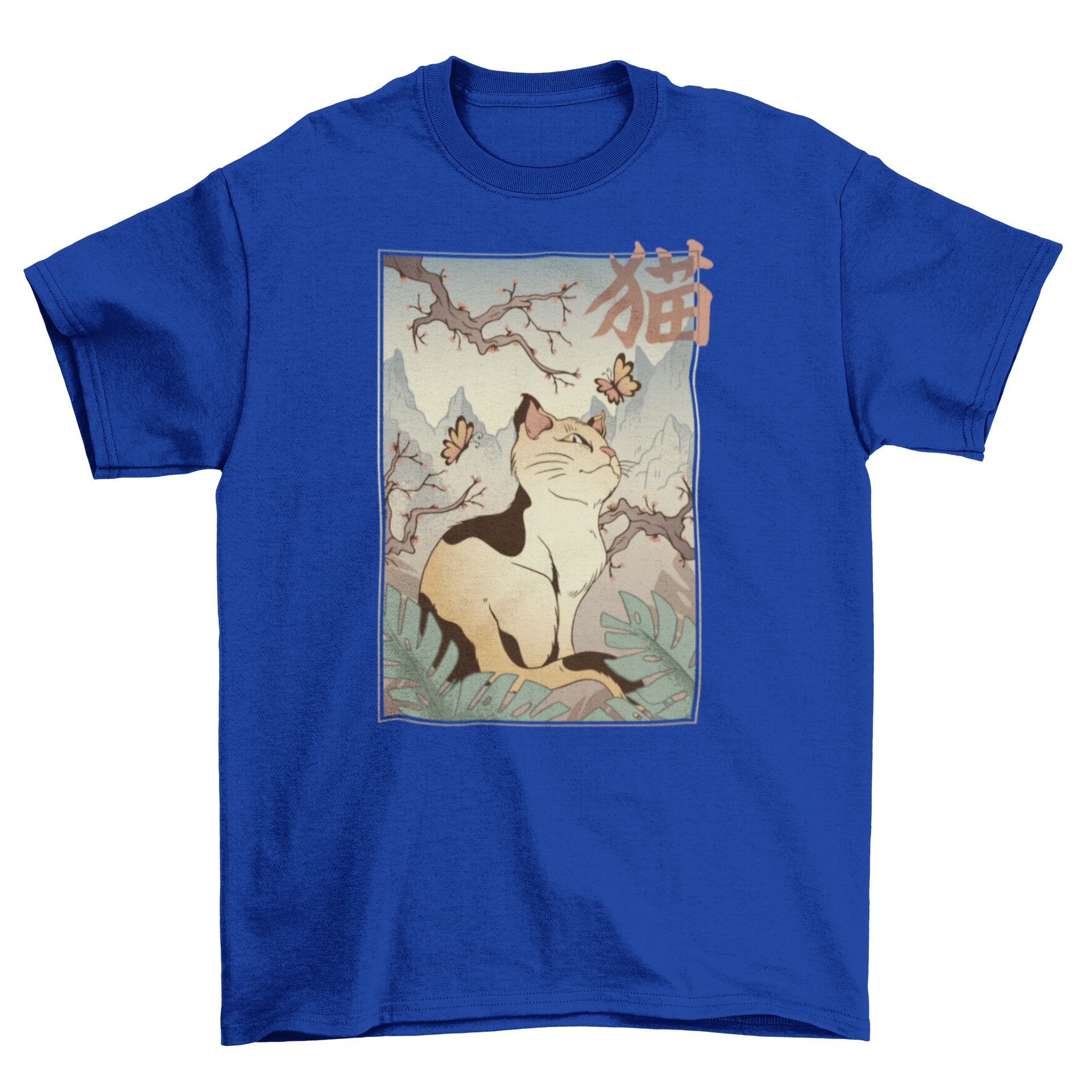 A stylish T-shirt featuring a beautiful cat illustration inspired by ancient Japanese art, showcasing intricate details and vibrant colors.