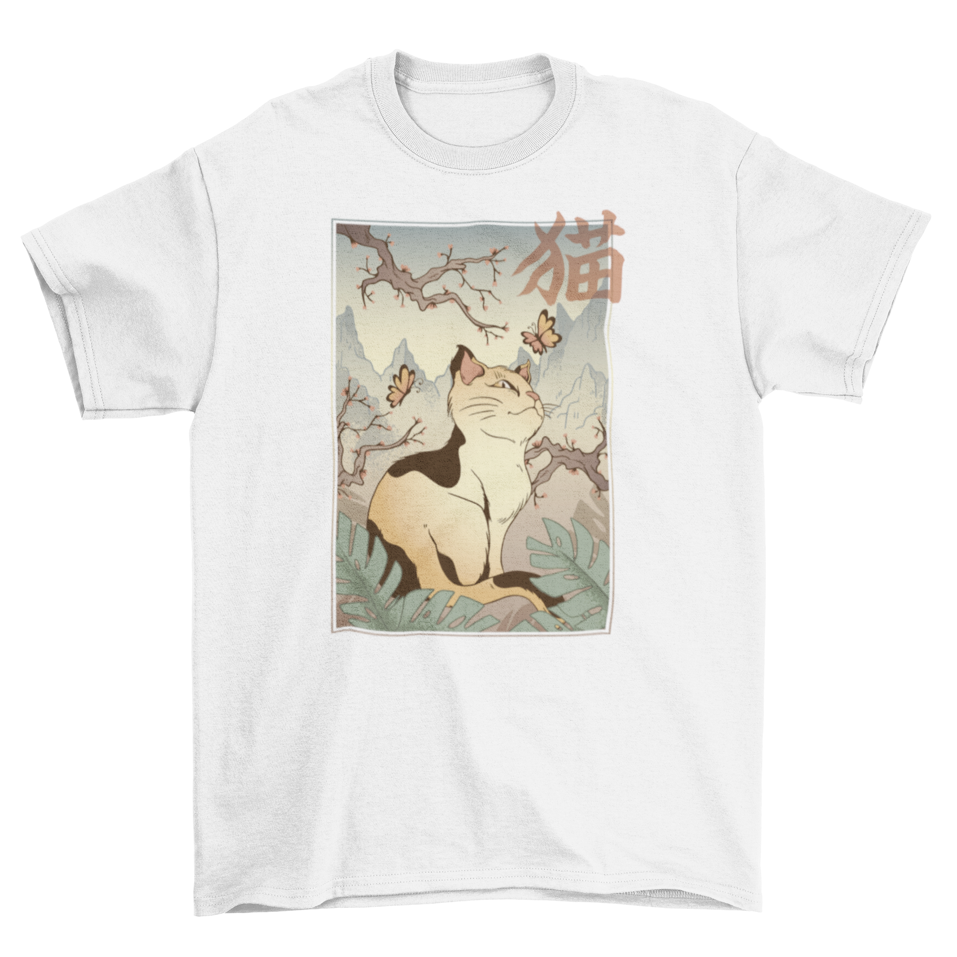 A stylish T-shirt featuring a beautiful cat illustration inspired by ancient Japanese art, showcasing intricate details and vibrant colors.