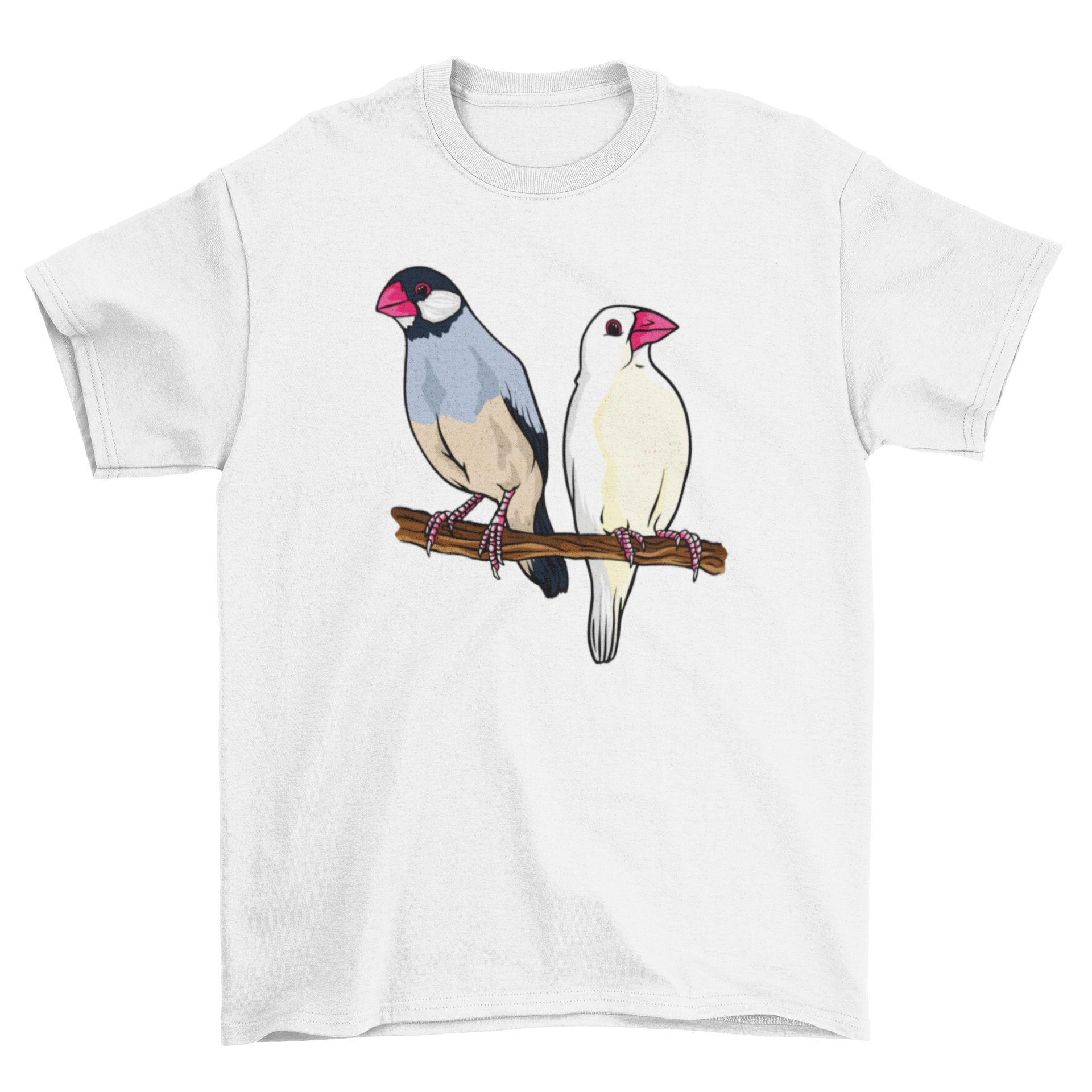 Java sparrow t-shirt featuring two birds, one white with a red beak and the other black and white.