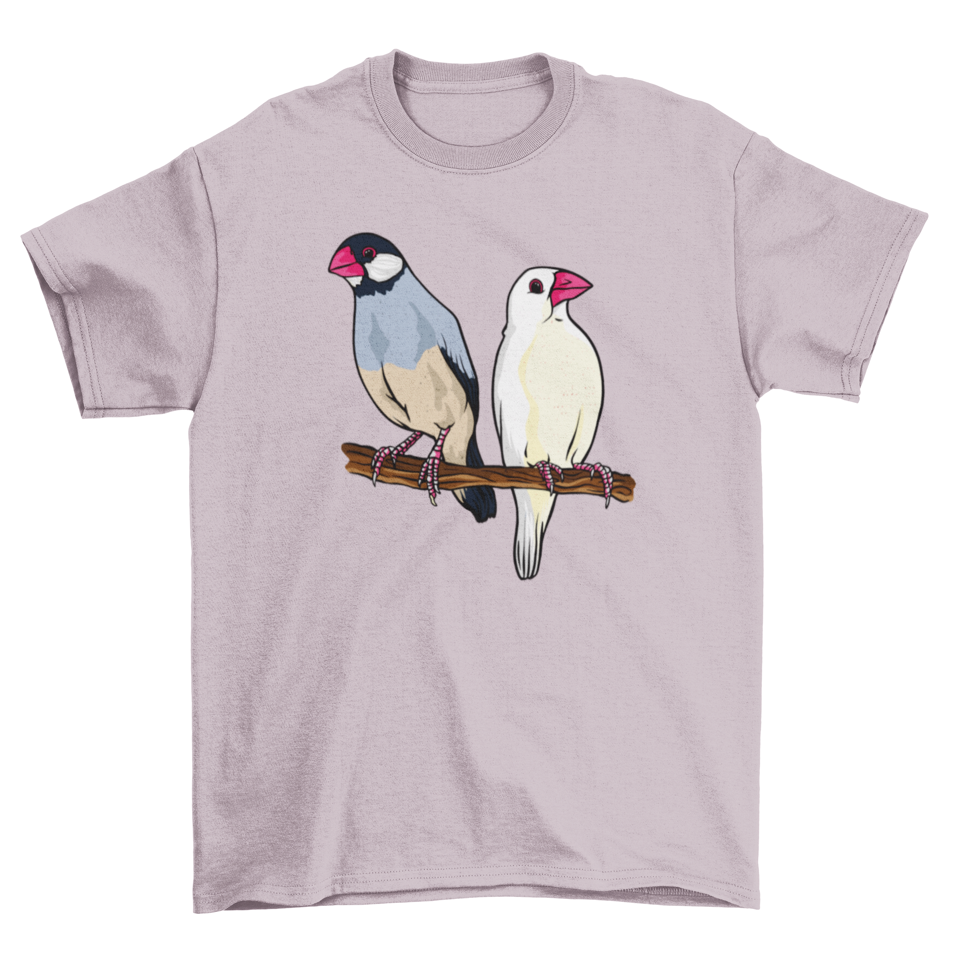 Java sparrow t-shirt featuring two birds, one white with a red beak and the other black and white.