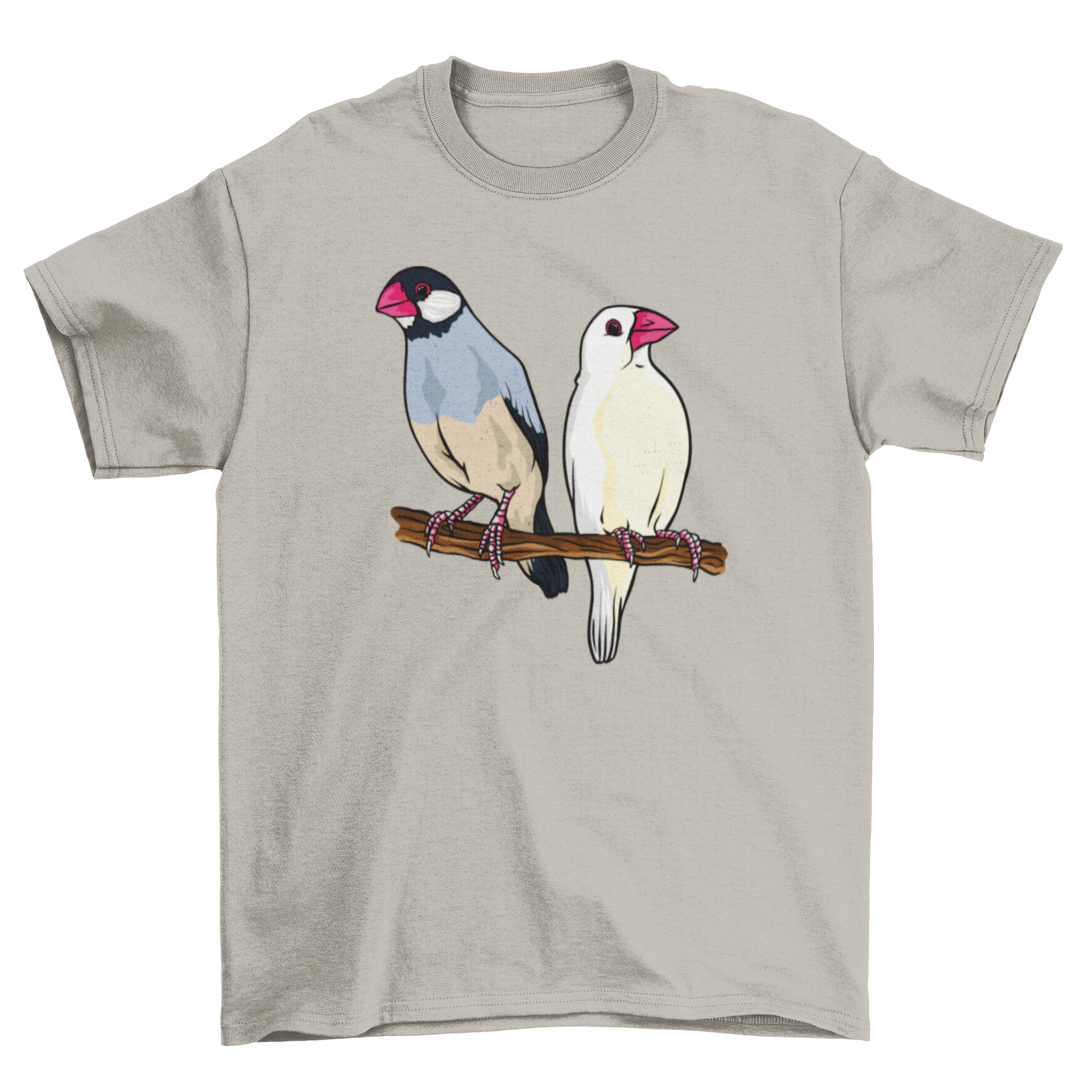 Java sparrow t-shirt featuring two birds, one white with a red beak and the other black and white.