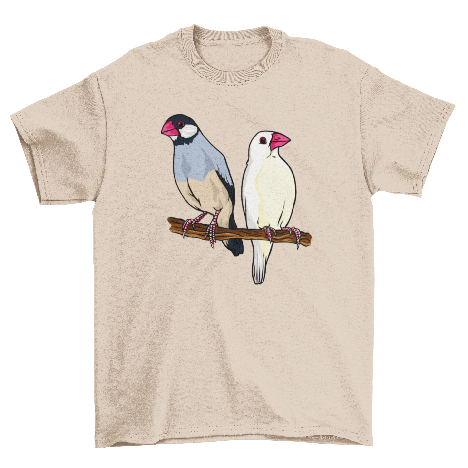 Java sparrow t-shirt featuring two birds, one white with a red beak and the other black and white.