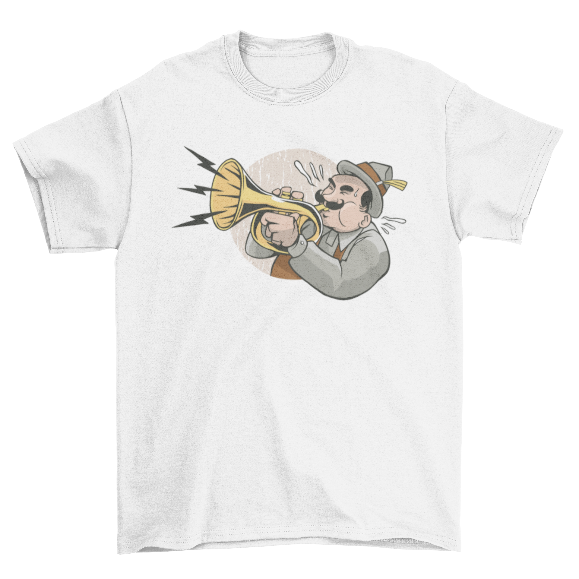 A colorful cartoon design of a jazz trumpeter playing the trumpet on a T-shirt.