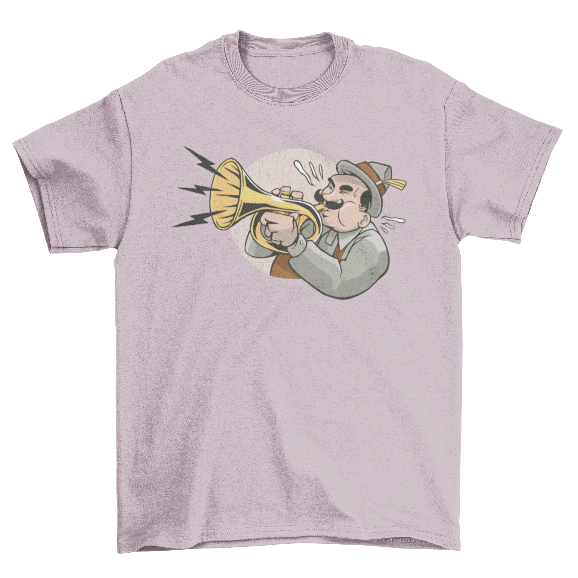 A colorful cartoon design of a jazz trumpeter playing the trumpet on a T-shirt.