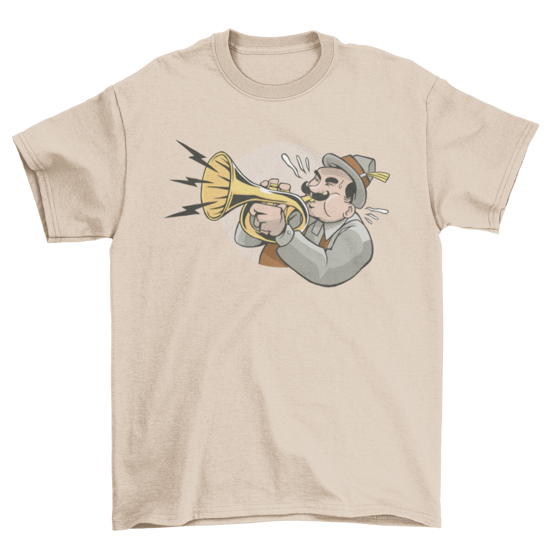 A colorful cartoon design of a jazz trumpeter playing the trumpet on a T-shirt.