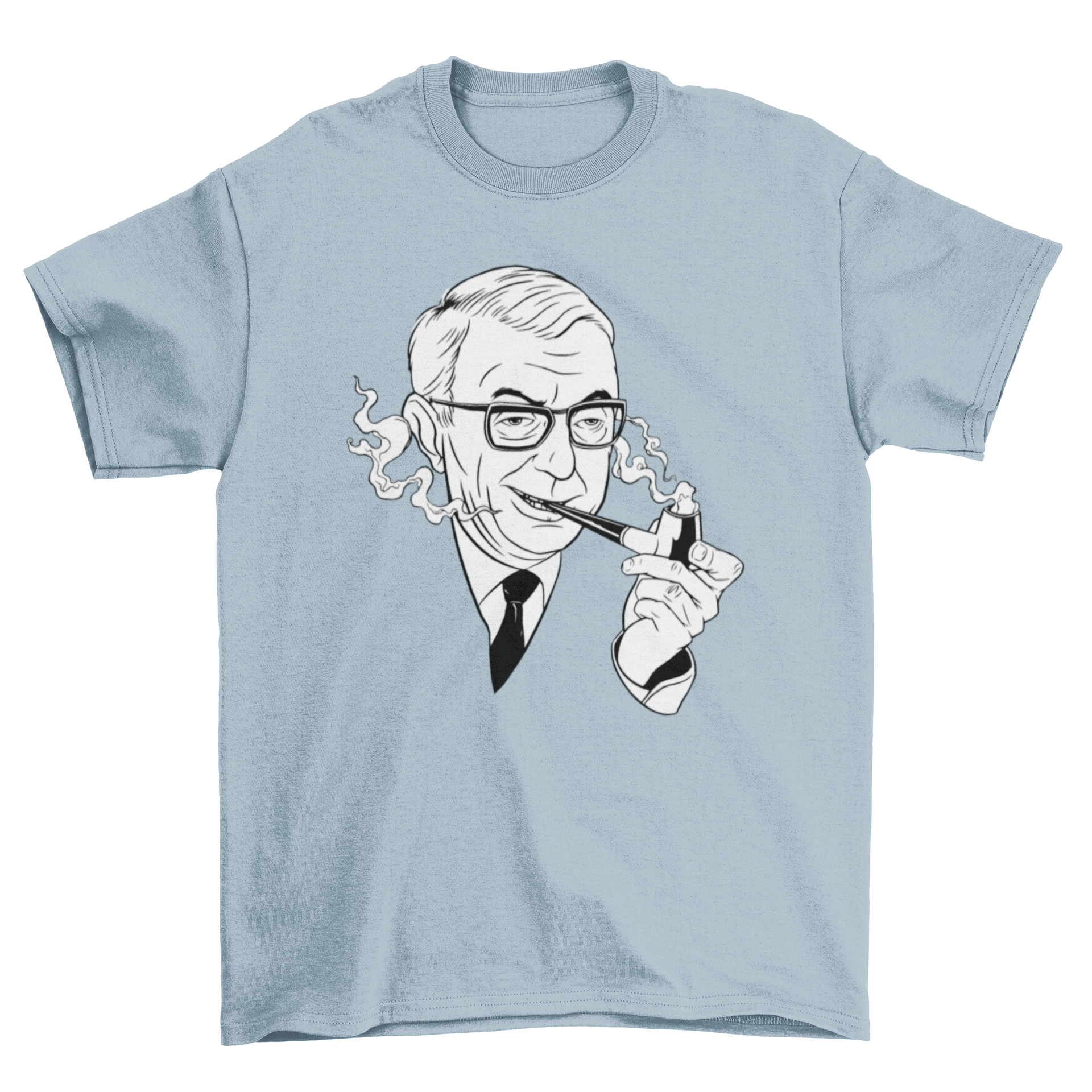 A stylish t-shirt featuring a portrait of Jean-Paul Sartre smoking, showcasing his intellectual persona.