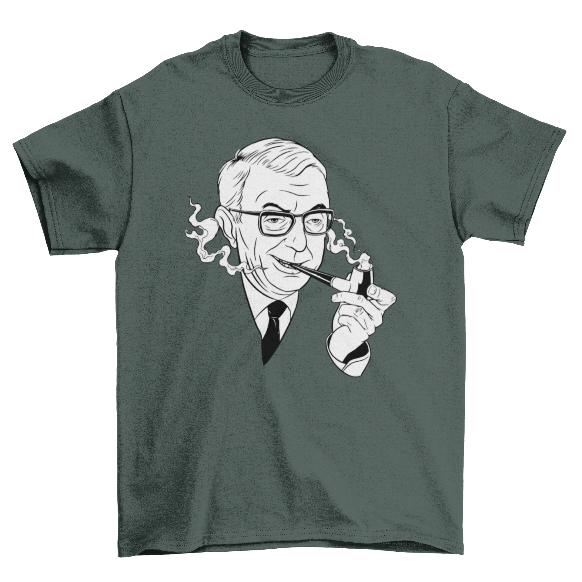 A stylish t-shirt featuring a portrait of Jean-Paul Sartre smoking, showcasing his intellectual persona.