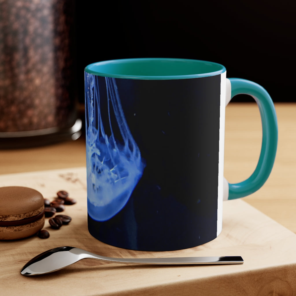 Jellyfish 11oz Accent Mug featuring a white ceramic body with a colored interior and handle, perfect for personalized designs.