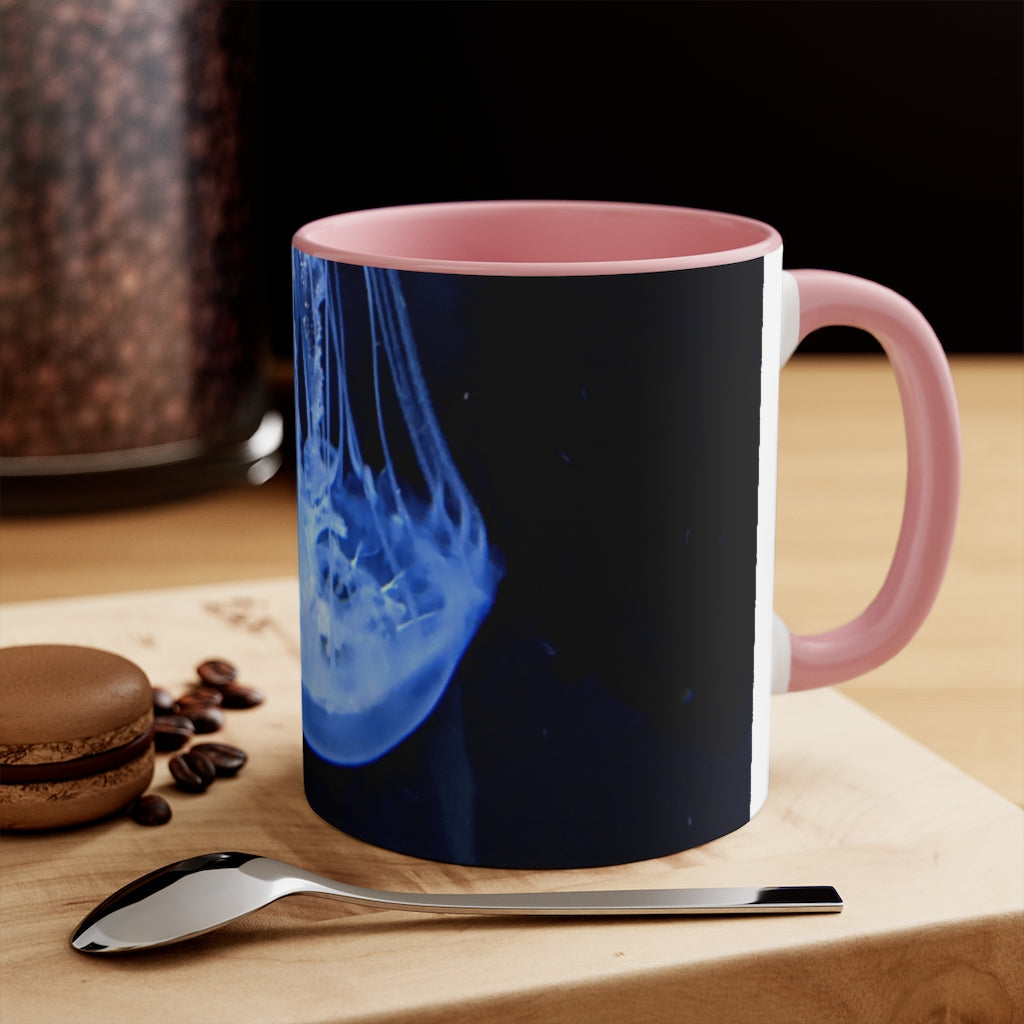 Jellyfish 11oz Accent Mug featuring a white ceramic body with a colored interior and handle, perfect for personalized designs.