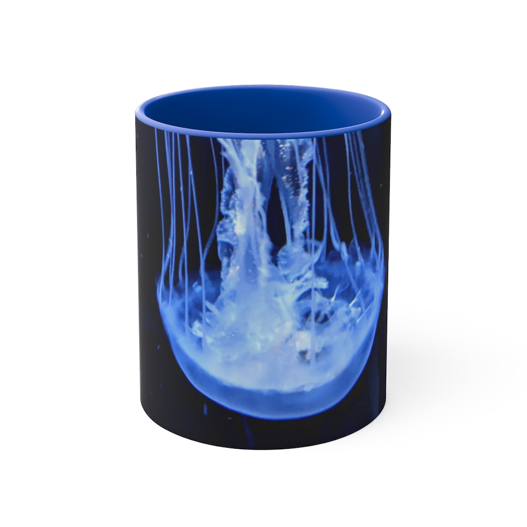 Jellyfish 11oz Accent Mug featuring a white ceramic body with a colored interior and handle, perfect for personalized designs.