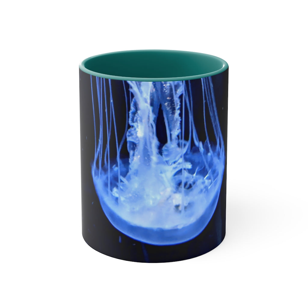 Jellyfish 11oz Accent Mug featuring a white ceramic body with a colored interior and handle, perfect for personalized designs.