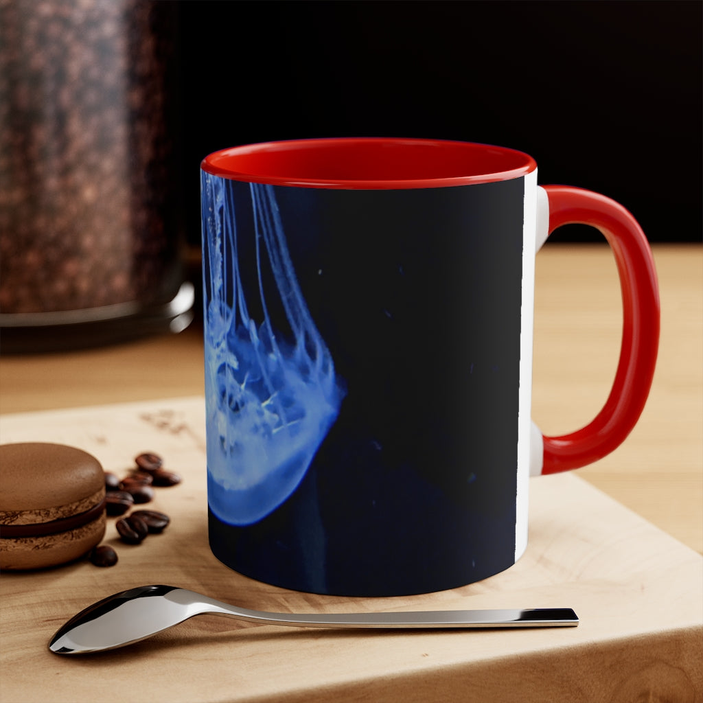 Jellyfish 11oz Accent Mug featuring a white ceramic body with a colored interior and handle, perfect for personalized designs.