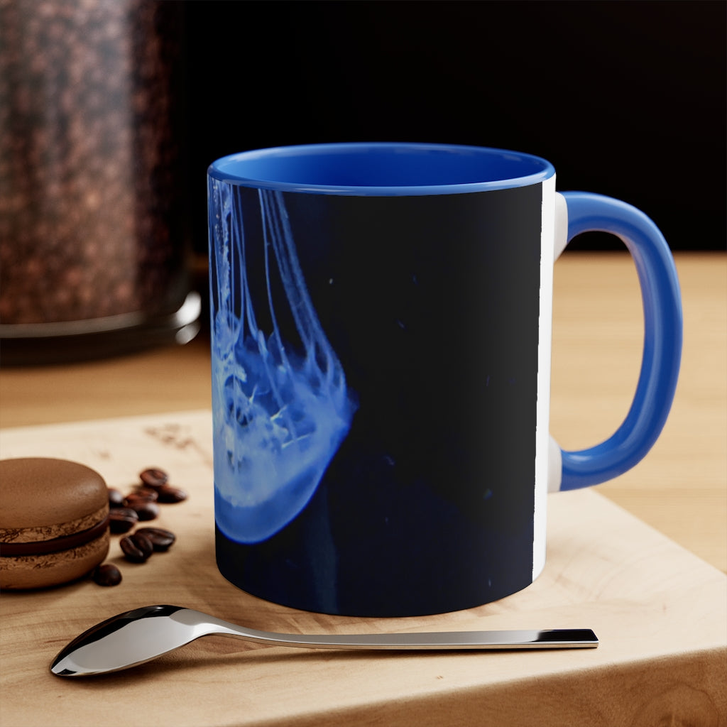 Jellyfish 11oz Accent Mug featuring a white ceramic body with a colored interior and handle, perfect for personalized designs.