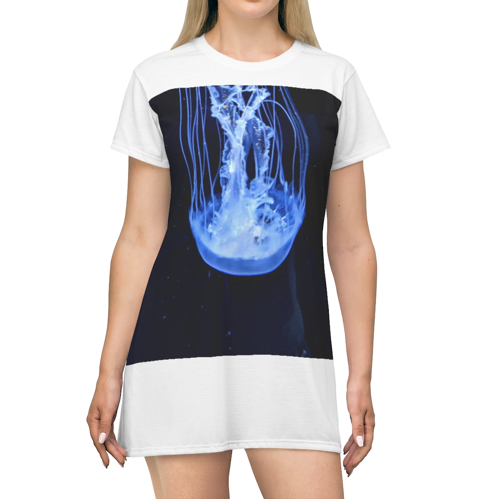 A vibrant jellyfish all over print t-shirt dress, showcasing colorful jellyfish designs on a soft fabric.