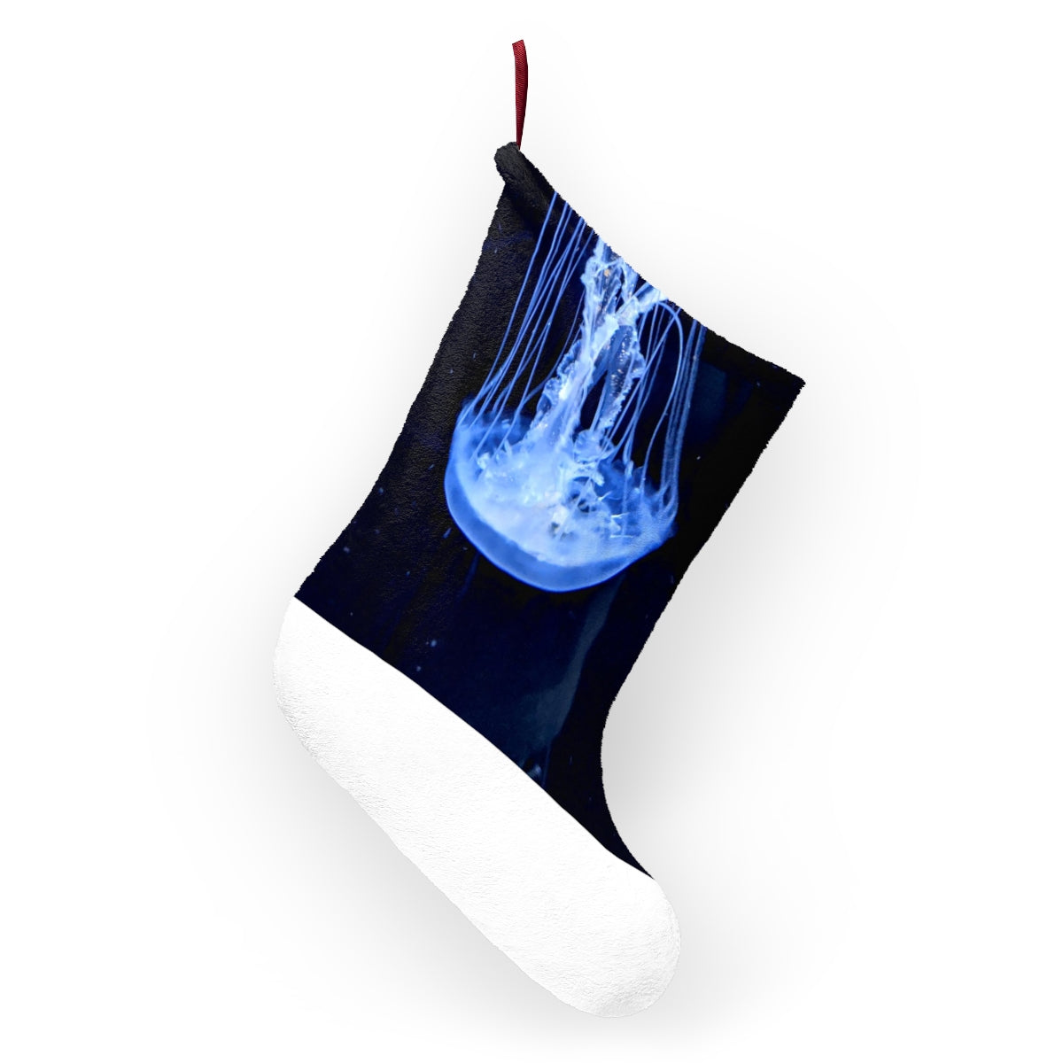 Colorful Jellyfish Christmas Stockings hanging by a fireplace, showcasing custom prints and festive designs.