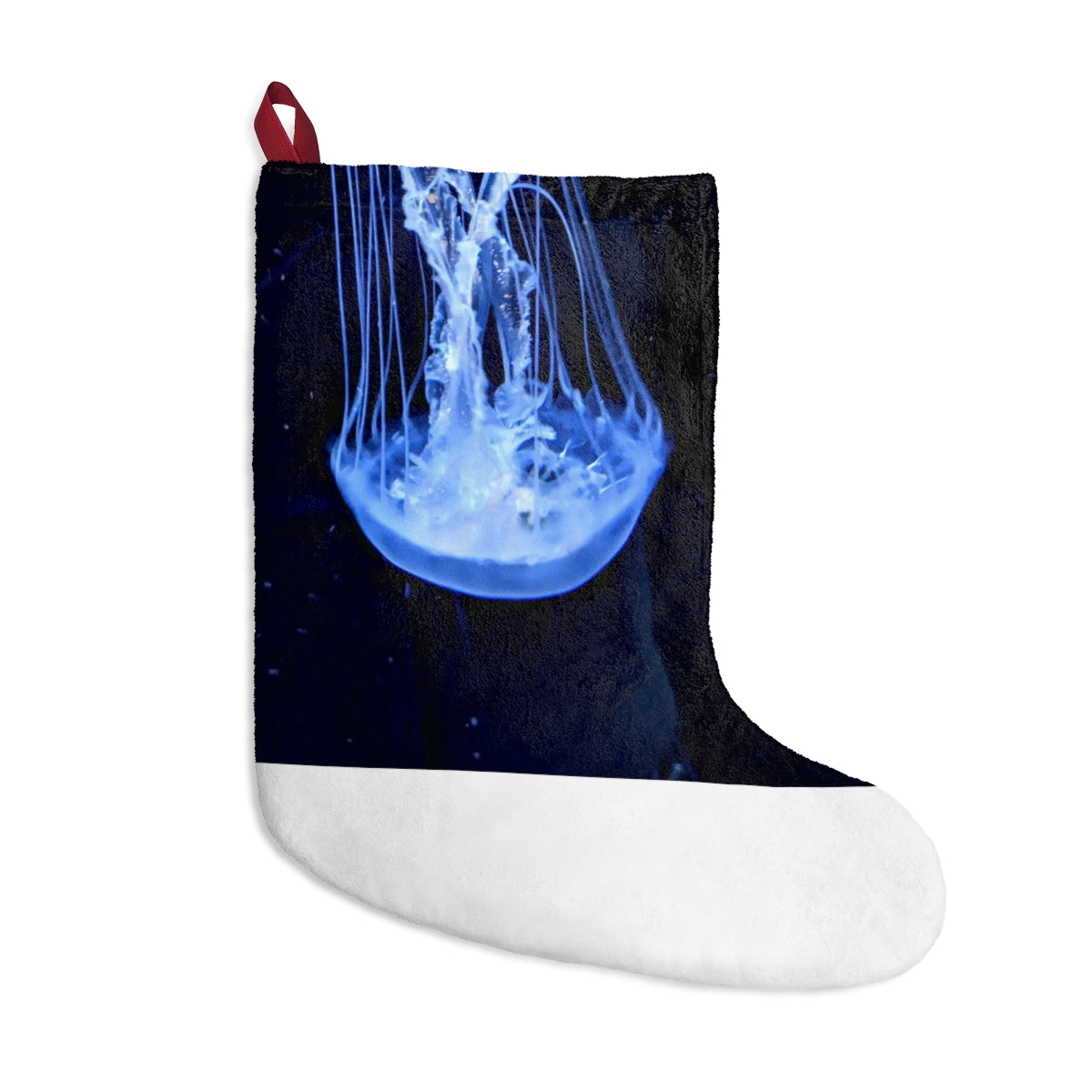 Colorful Jellyfish Christmas Stockings hanging by a fireplace, showcasing custom prints and festive designs.