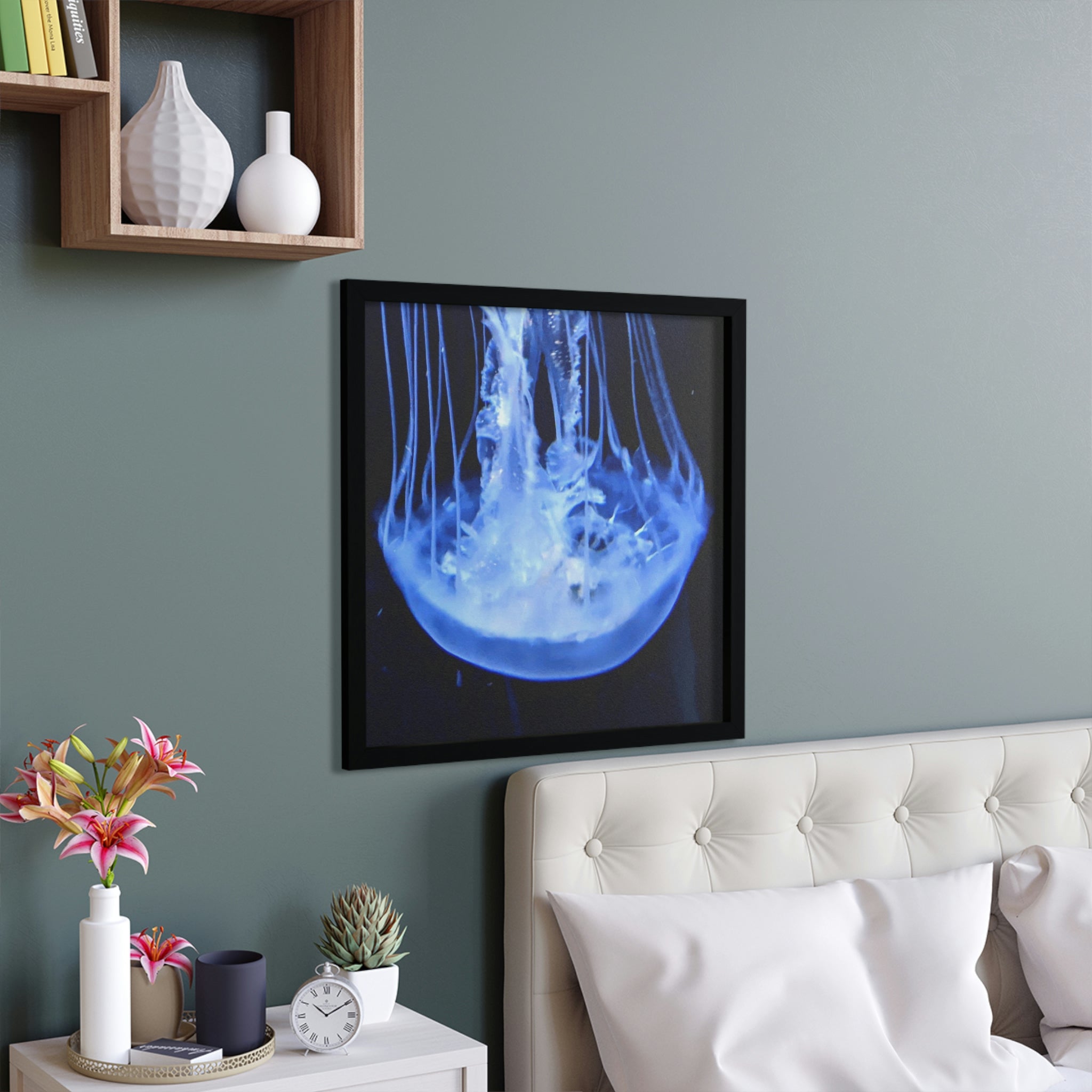 A vibrant jellyfish framed poster with a hand-crafted wooden frame, showcasing intricate details and colors.