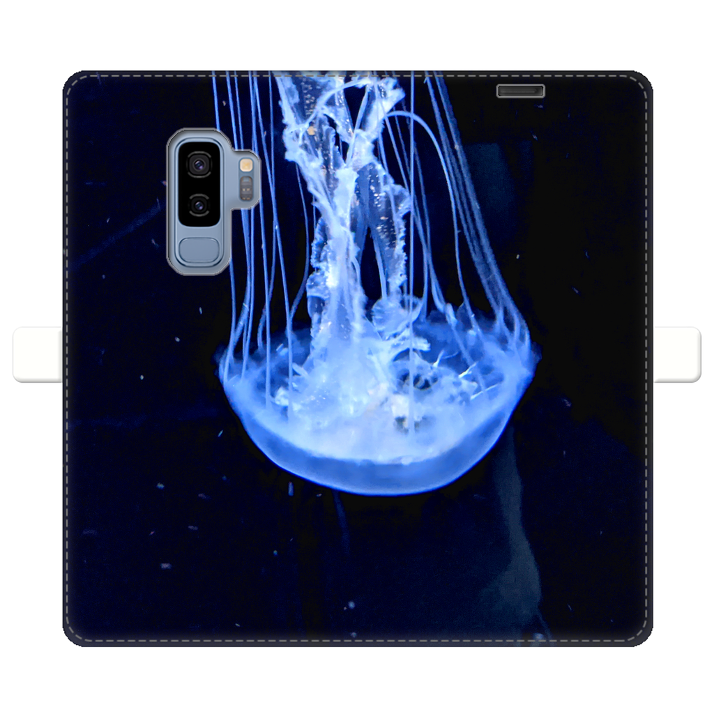 JellyFish Fully Printed Wallet Cases showcasing vibrant designs, made of faux leather with a magnetic closure, suitable for iPhone and Samsung models.