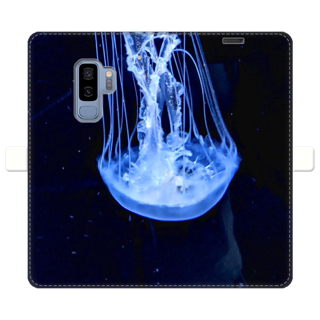 JellyFish Fully Printed Wallet Cases showcasing vibrant designs, made of faux leather with a magnetic closure, suitable for iPhone and Samsung models.