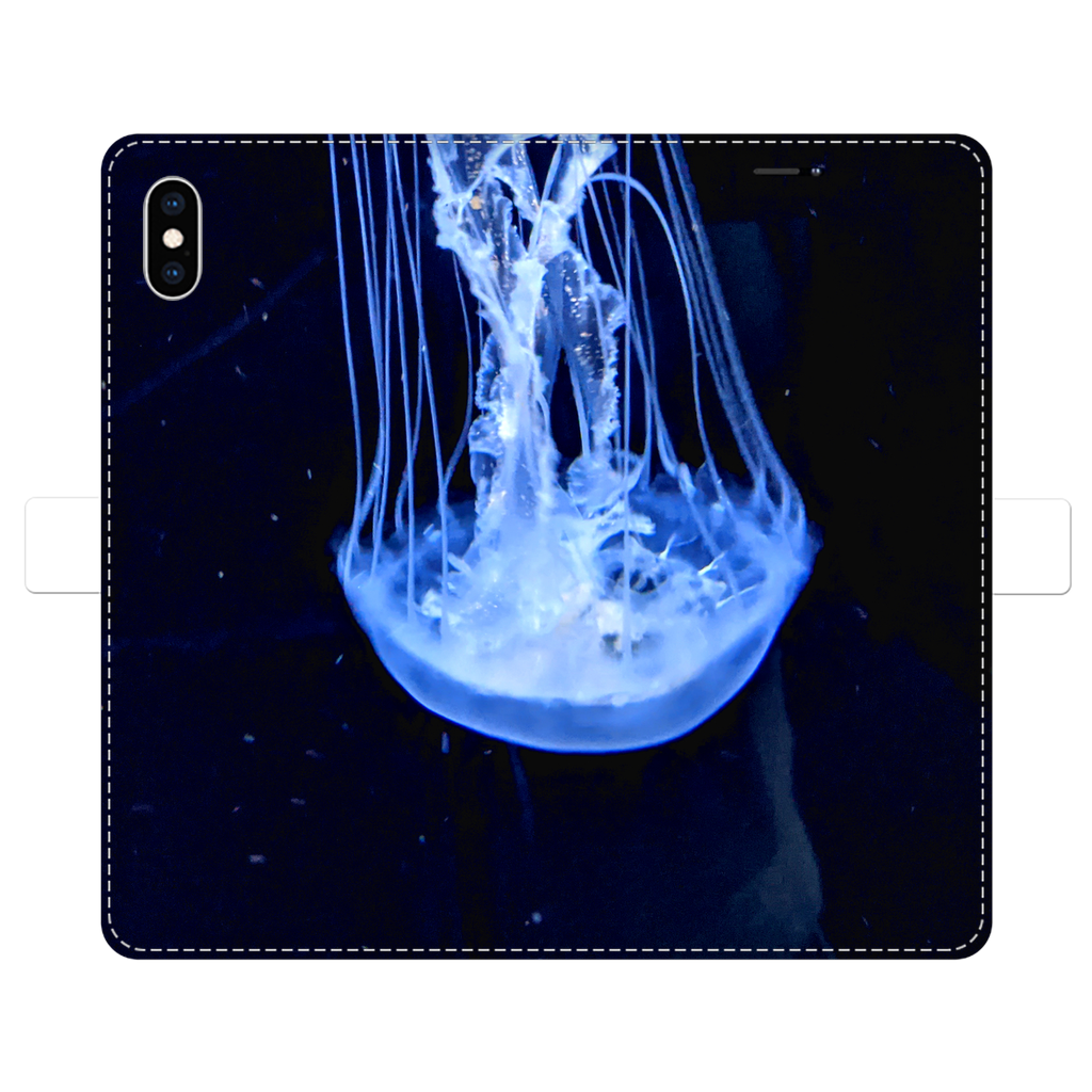 JellyFish Fully Printed Wallet Cases showcasing vibrant designs, made of faux leather with a magnetic closure, suitable for iPhone and Samsung models.