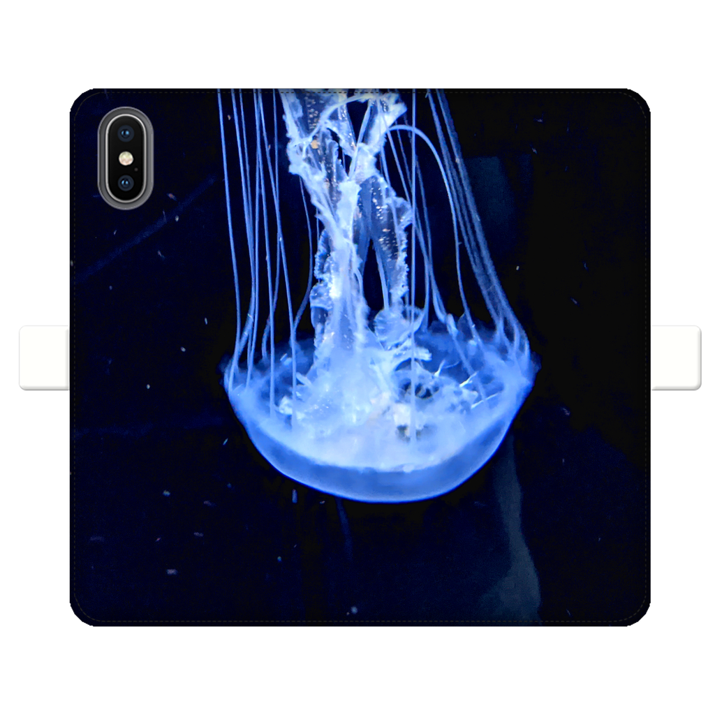 JellyFish Fully Printed Wallet Cases showcasing vibrant designs, made of faux leather with a magnetic closure, suitable for iPhone and Samsung models.