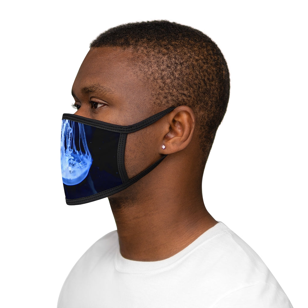 Jellyfish Mixed-Fabric Face Mask featuring a black outer edge and earloops, with a colorful jellyfish design on the front.