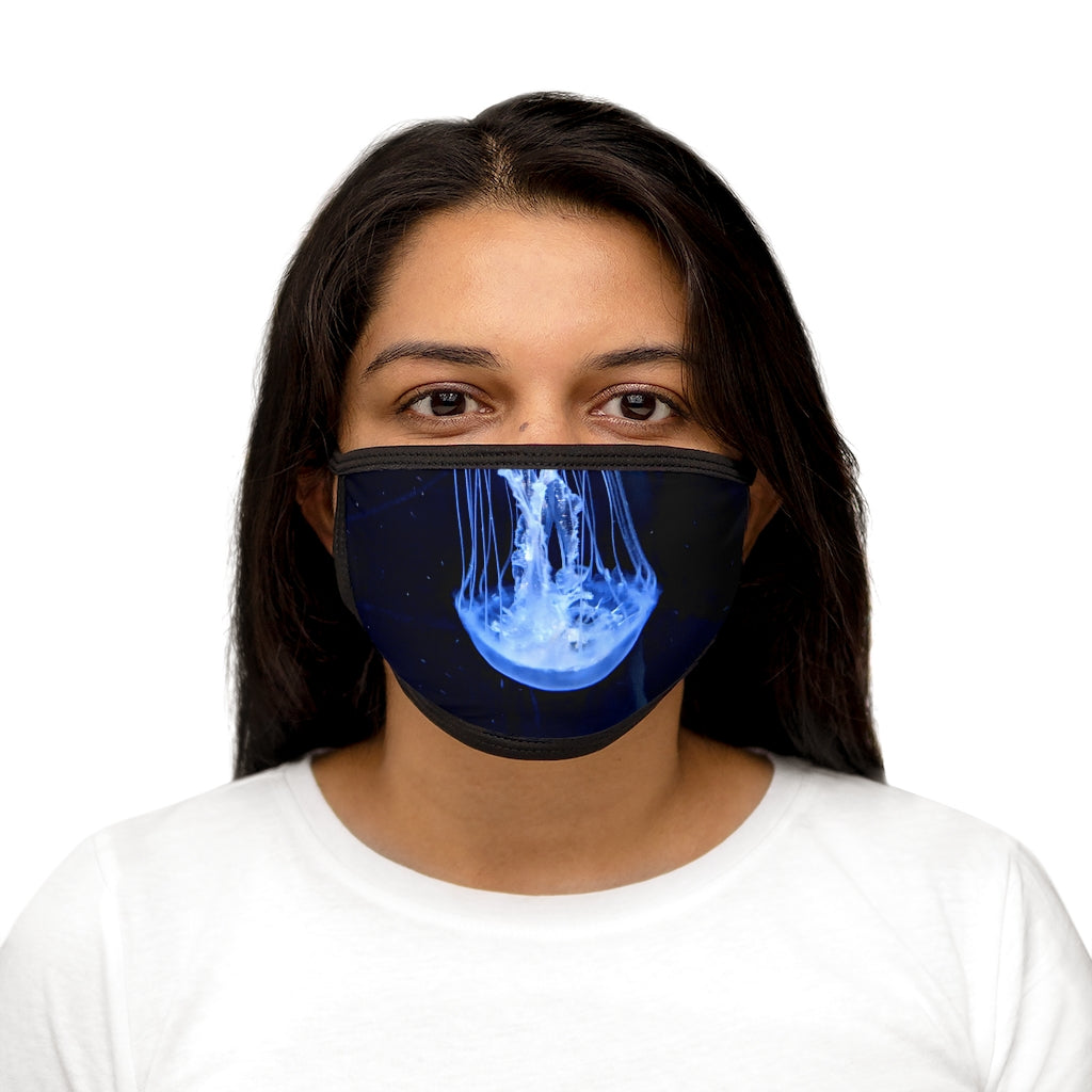 Jellyfish Mixed-Fabric Face Mask featuring a black outer edge and earloops, with a colorful jellyfish design on the front.