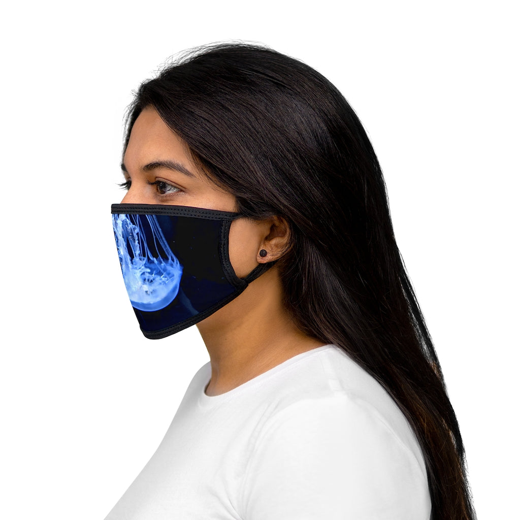 Jellyfish Mixed-Fabric Face Mask featuring a black outer edge and earloops, with a colorful jellyfish design on the front.