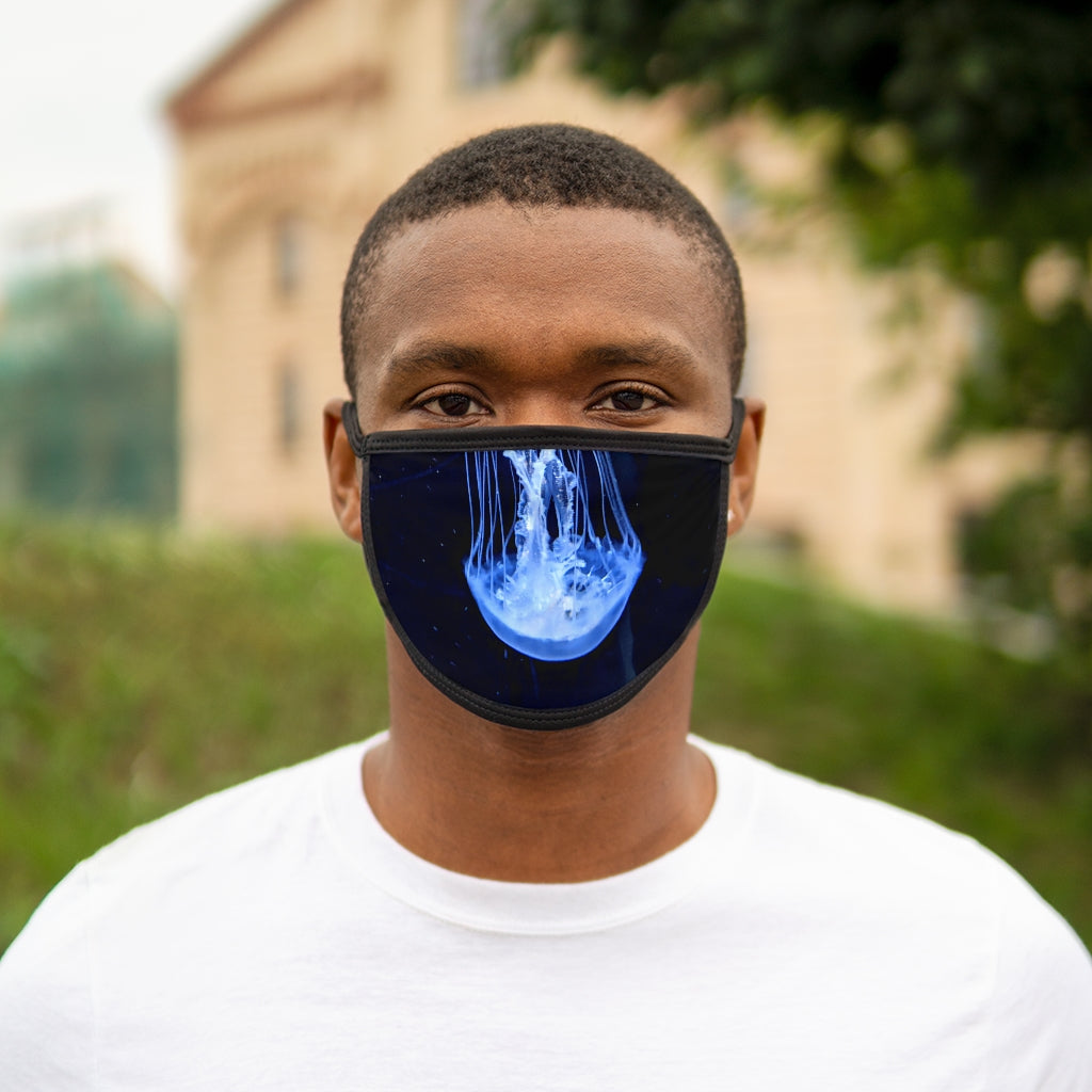 Jellyfish Mixed-Fabric Face Mask featuring a black outer edge and earloops, with a colorful jellyfish design on the front.