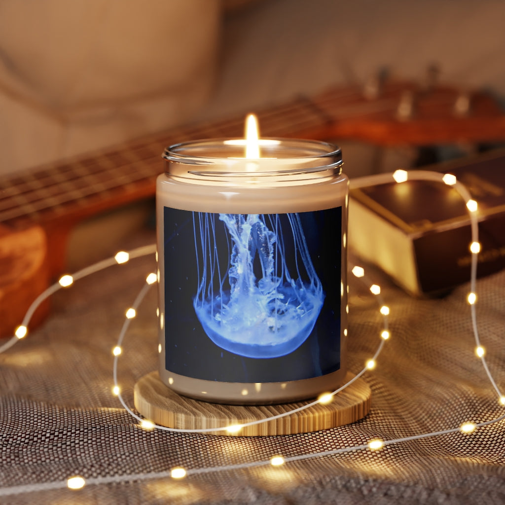 Jellyfish Scented Candle in a glass container, showcasing its soothing aroma and eco-friendly design.