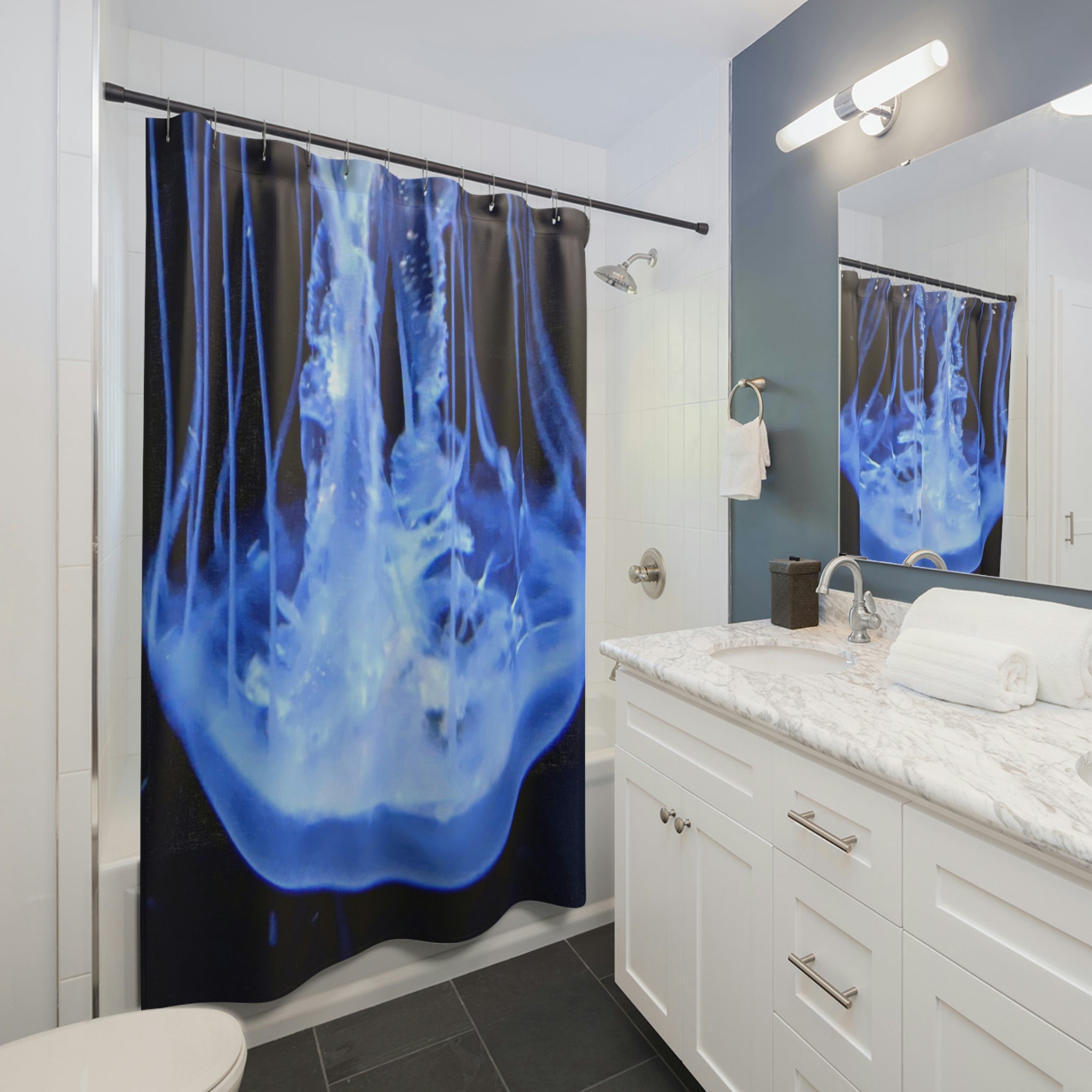 A vibrant jellyfish shower curtain featuring colorful jellyfish designs on a durable polyester fabric, enhancing bathroom decor.