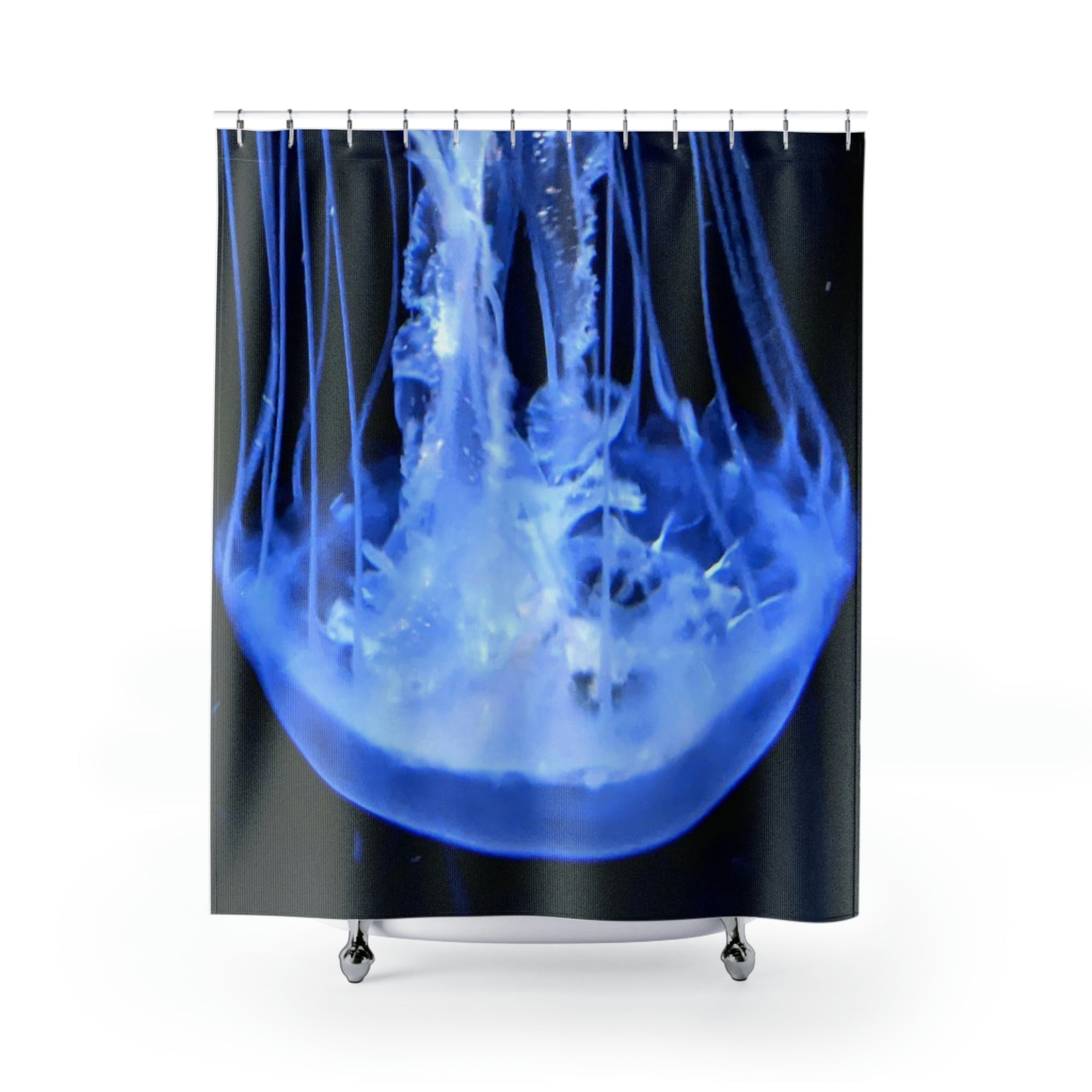 A vibrant jellyfish shower curtain featuring colorful jellyfish designs on a durable polyester fabric, enhancing bathroom decor.