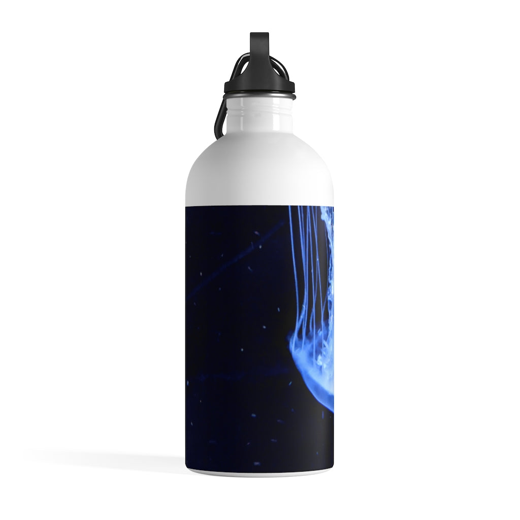 Jellyfish Stainless Steel Water Bottle with a vibrant print and plastic screw top, featuring a carabiner and keychain ring.