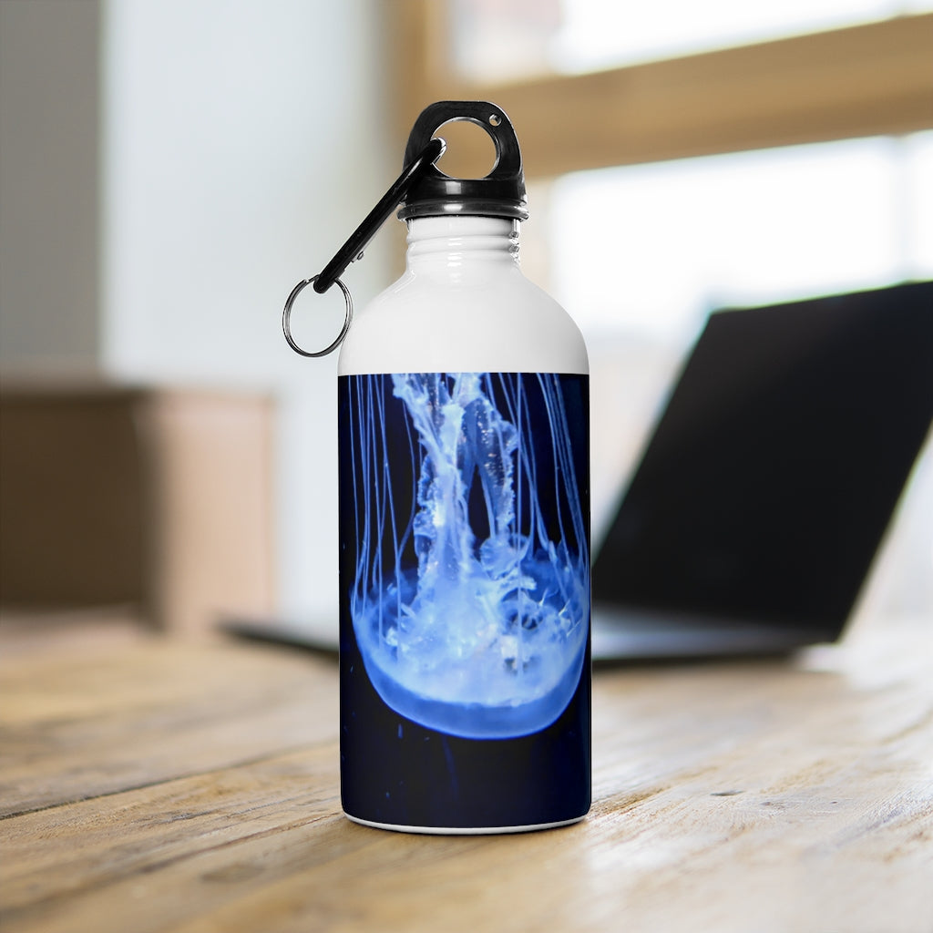 Jellyfish Stainless Steel Water Bottle with a vibrant print and plastic screw top, featuring a carabiner and keychain ring.