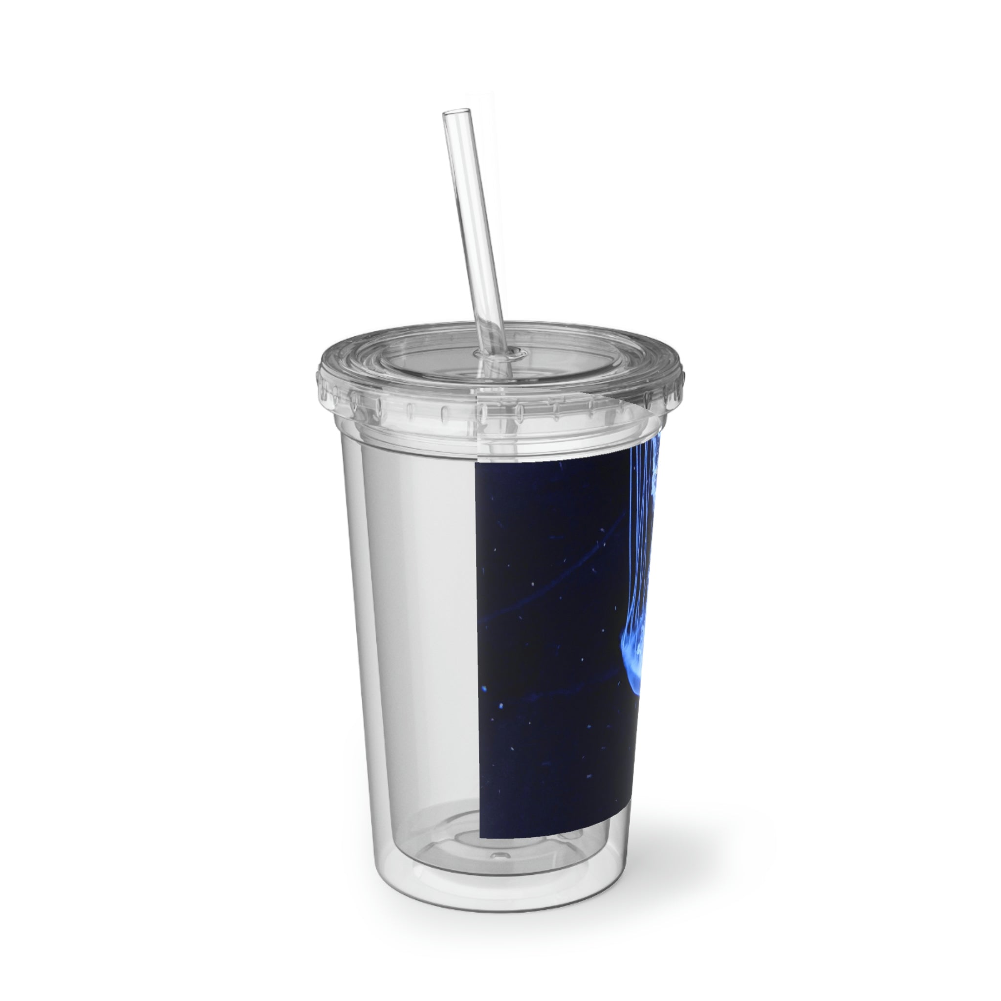 Jellyfish Suave Acrylic Cup in stainless steel with a black screw-on cap and plastic straw, showcasing a vibrant custom design.