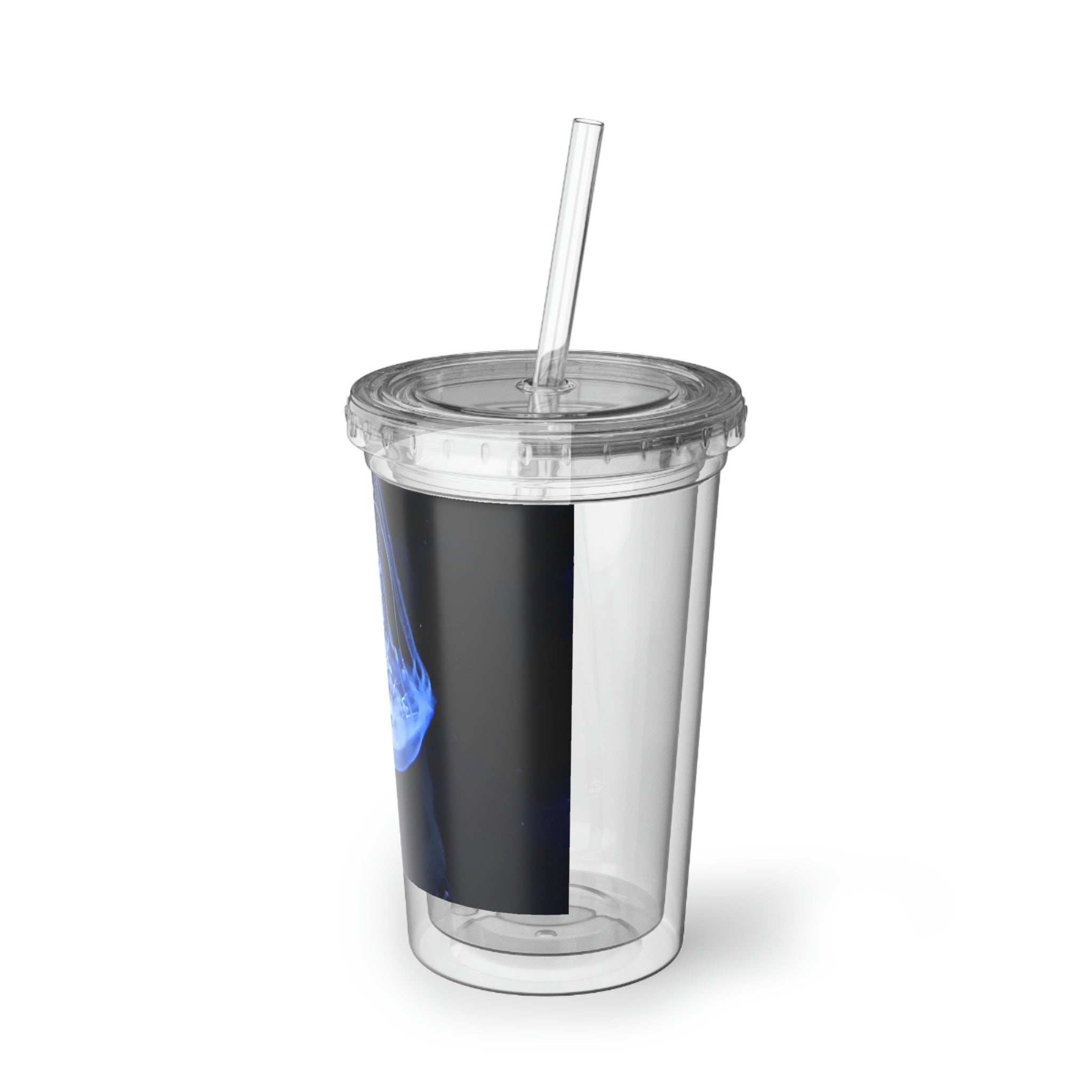 Jellyfish Suave Acrylic Cup in stainless steel with a black screw-on cap and plastic straw, showcasing a vibrant custom design.