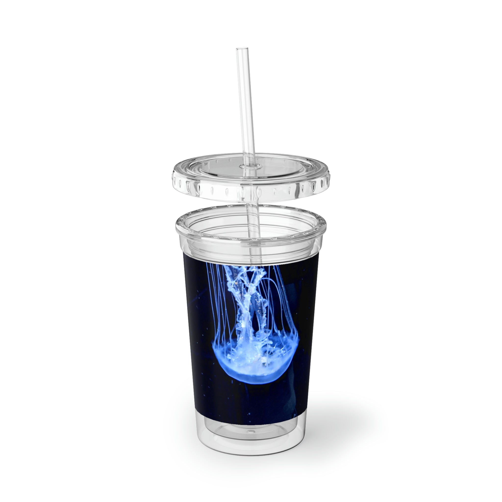 Jellyfish Suave Acrylic Cup in stainless steel with a black screw-on cap and plastic straw, showcasing a vibrant custom design.