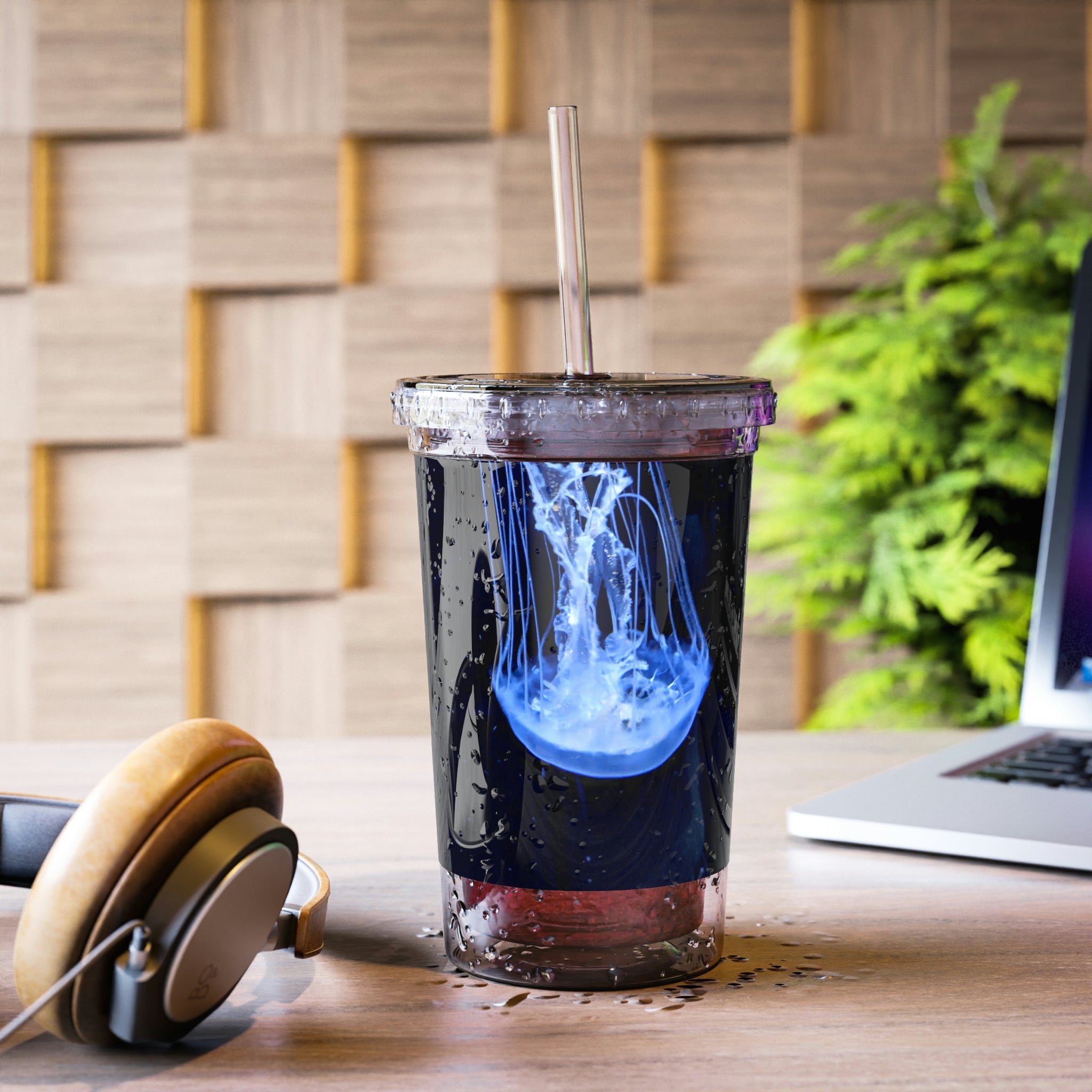 Jellyfish Suave Acrylic Cup in stainless steel with a black screw-on cap and plastic straw, showcasing a vibrant custom design.