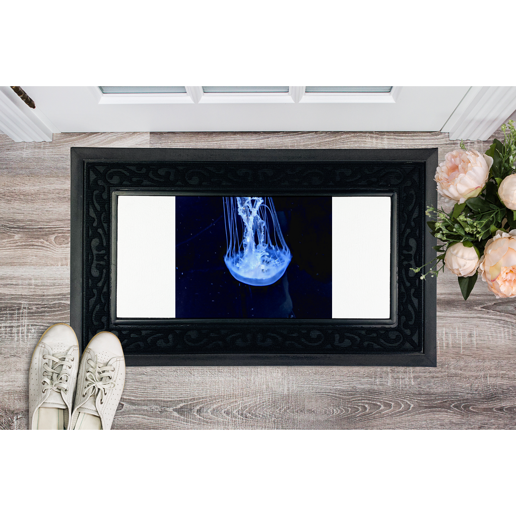 JellyFish Sublimation Heavy Duty Door Mat with a stylish fabric brush border and customizable center.