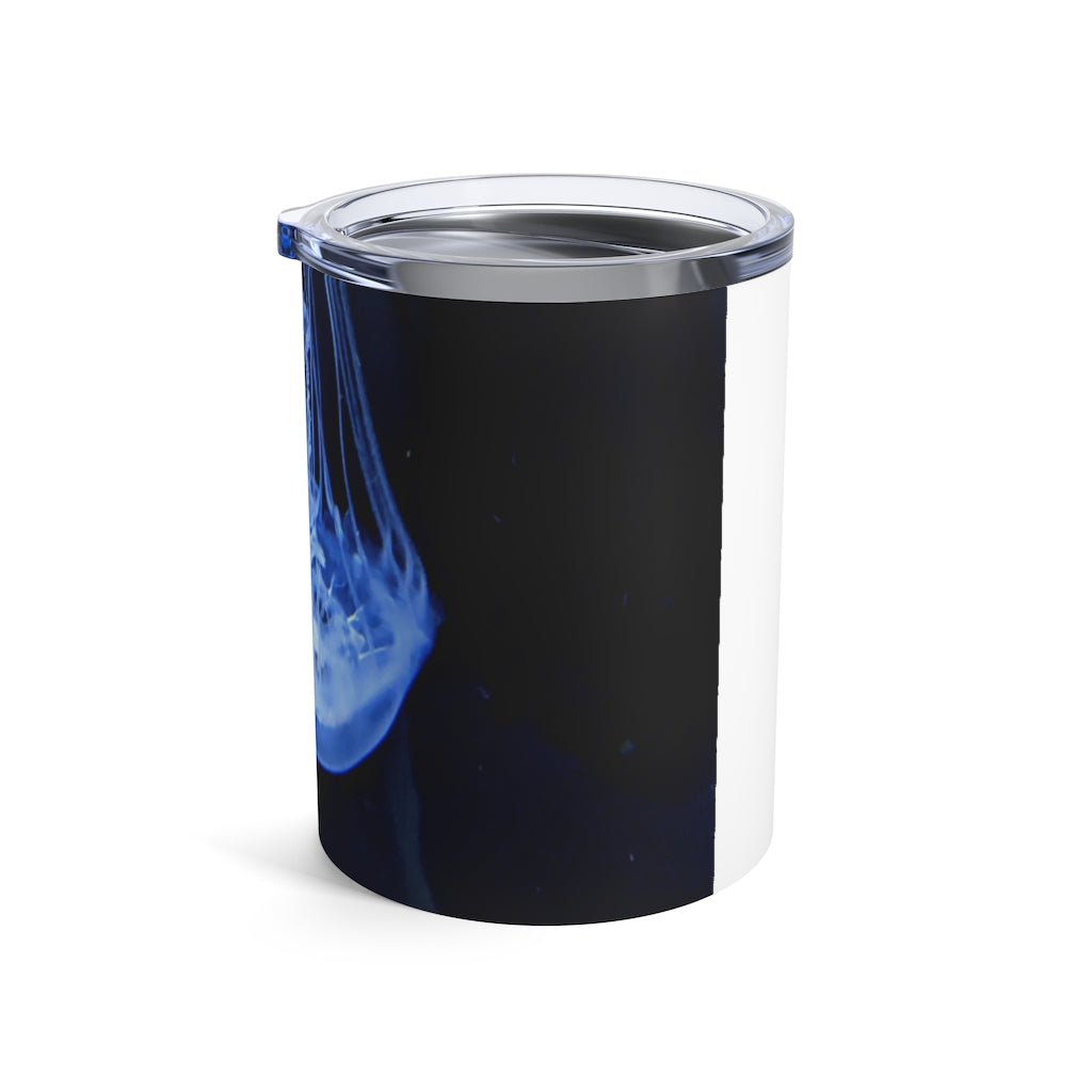 A stylish 10oz Jellyfish Tumbler made of stainless steel with a see-thru plastic lid, perfect for travel and outdoor use.