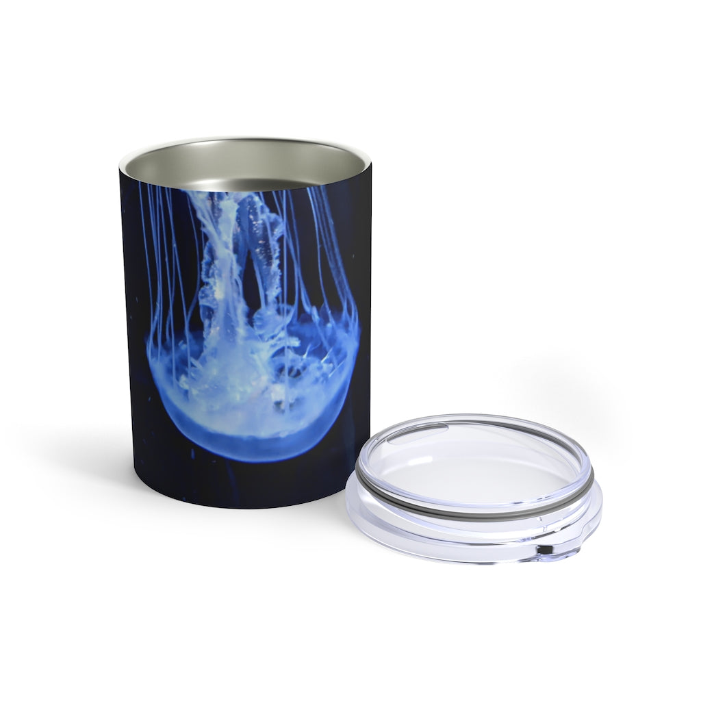 A stylish 10oz Jellyfish Tumbler made of stainless steel with a see-thru plastic lid, perfect for travel and outdoor use.