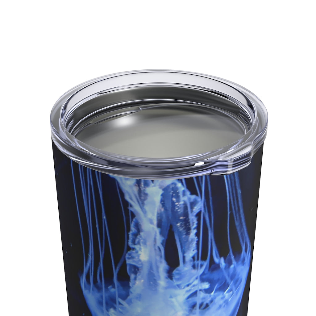 A stylish 10oz Jellyfish Tumbler made of stainless steel with a see-thru plastic lid, perfect for travel and outdoor use.