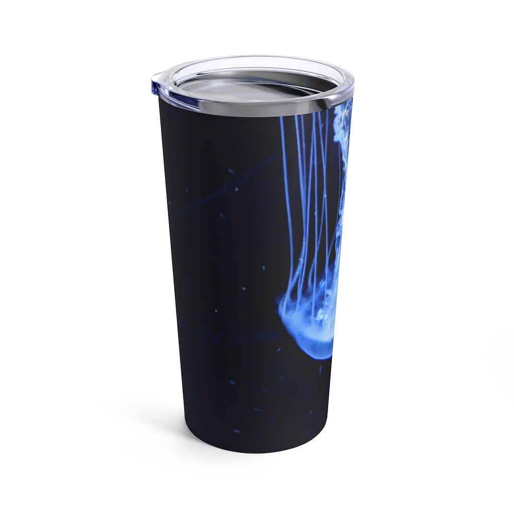 A stylish 20oz stainless steel tumbler featuring a jellyfish design, with a see-thru plastic lid, perfect for travel and outdoor use.