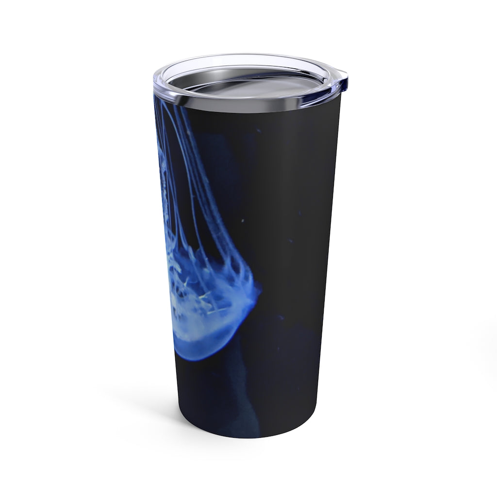 A stylish 20oz stainless steel tumbler featuring a jellyfish design, with a see-thru plastic lid, perfect for travel and outdoor use.