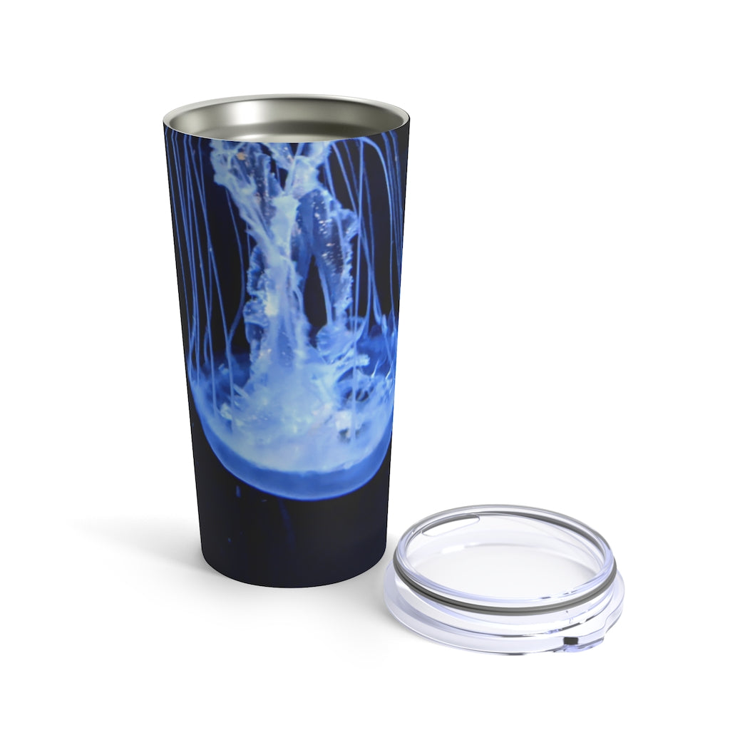 A stylish 20oz stainless steel tumbler featuring a jellyfish design, with a see-thru plastic lid, perfect for travel and outdoor use.