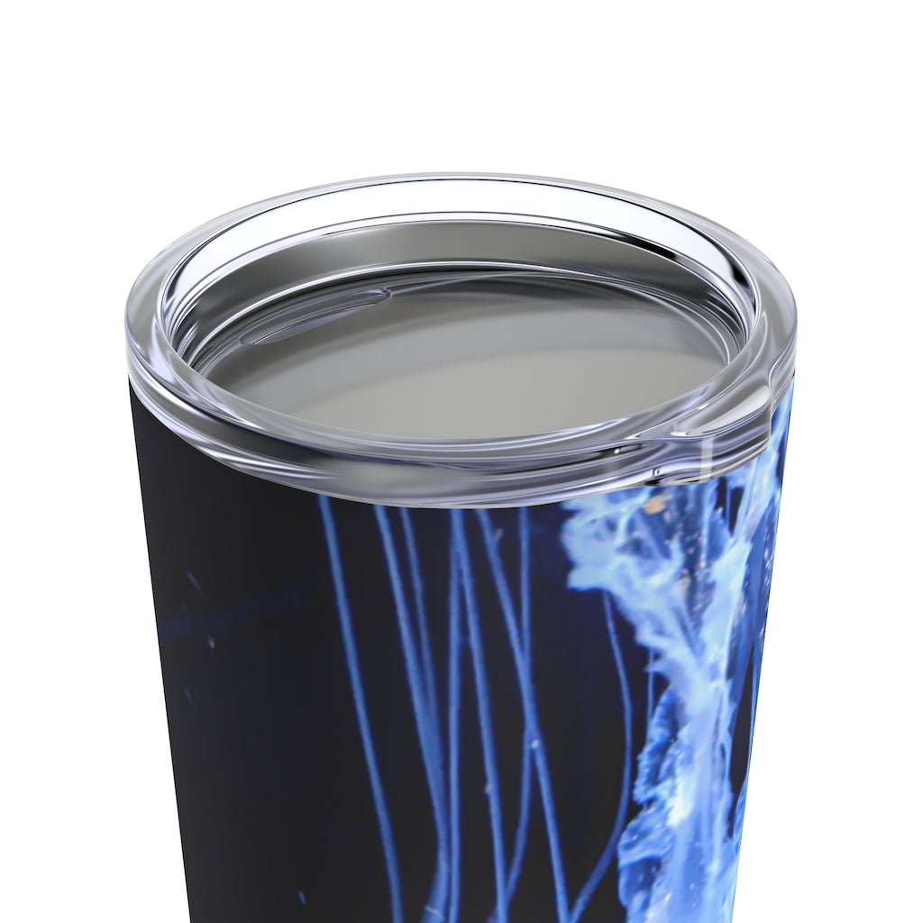 A stylish 20oz stainless steel tumbler featuring a jellyfish design, with a see-thru plastic lid, perfect for travel and outdoor use.